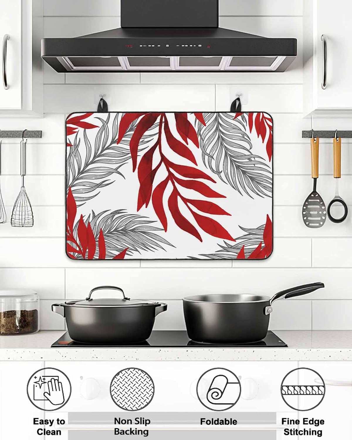 Stove Top Cover Red Leaves Stove Cover for Electric Stove Top Leaf Branches Lines Glass Cooktop Covers Anti-Slip Mat Heat Resistant Countertop Protector Kitchen Decor 31"x24"
