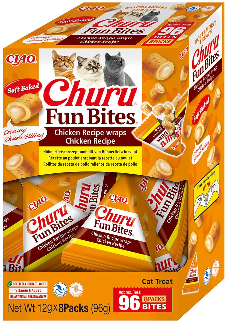 INABA Churu Fun Bites Hochwertige Proteine mit 58% Huhn, Ohne Getreide, Ohne Zucker Katzen Leckerlies, Ohne Tierische Nebenprodukte, Weiche Leckere Katzenleckerlis in kleinen Häppchen 96 g (1er Pack)