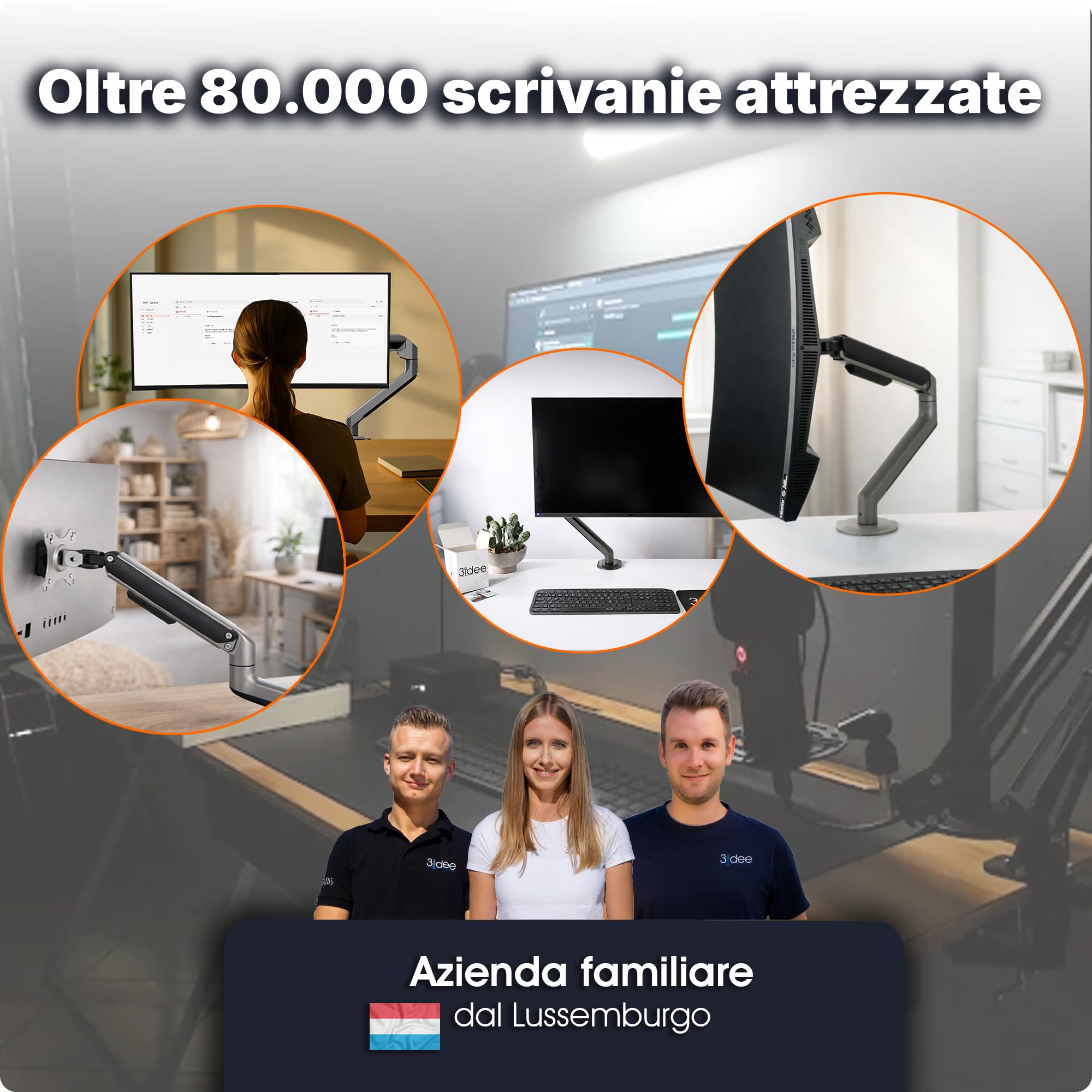 3IDEE Supporto 1 monitor da scrivania per monitor 17-32 pollici - regolabile in altezza, stabile fino a 9 kg - design sottile in alluminio - inclinabile, ruotabile, orientabile - VESA 75x75 e 100x100