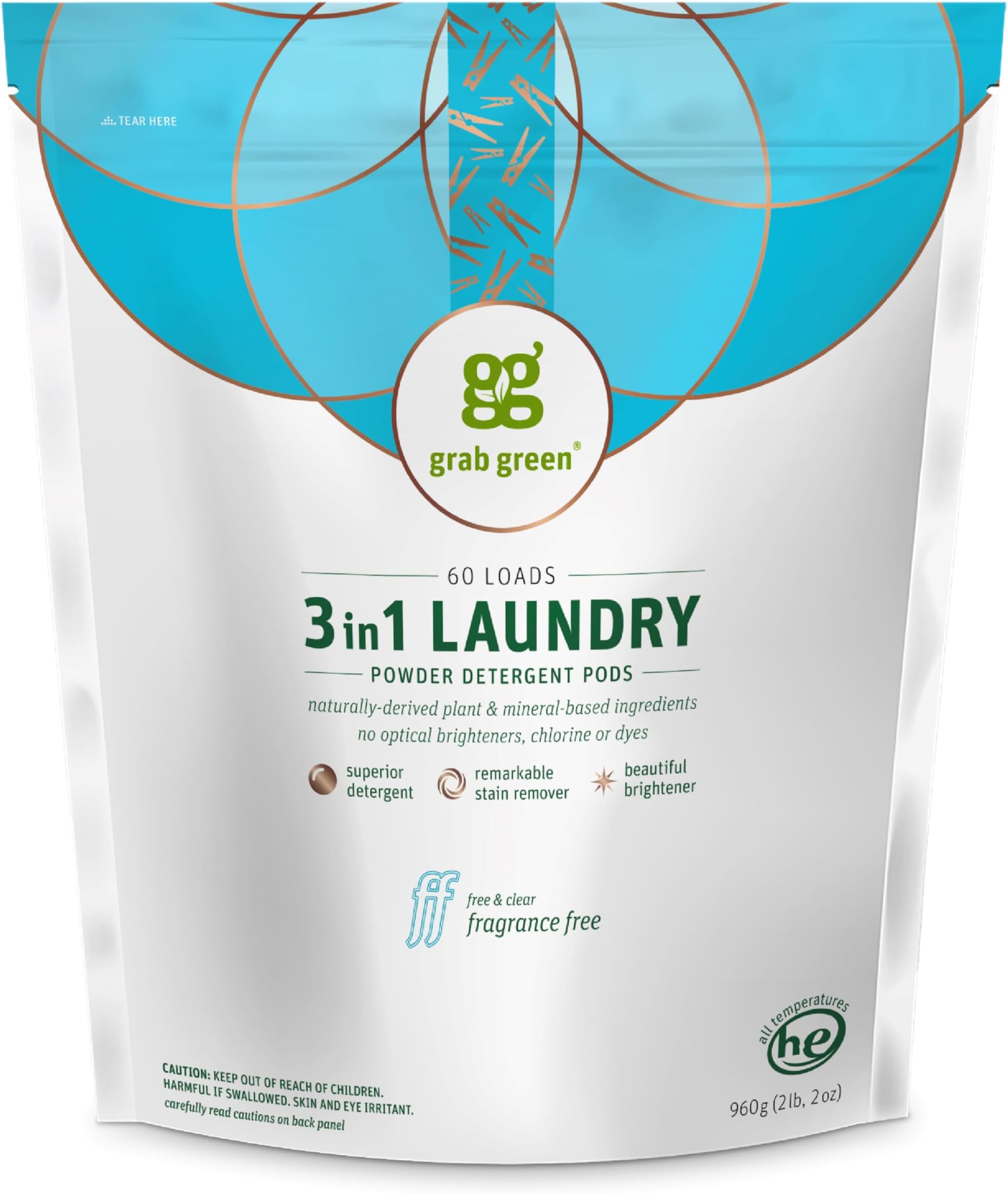 GrabGreen, 3-in-1 Laundry Detergent, Fragrance Free, 60 Loads, 2 lbs 4 oz