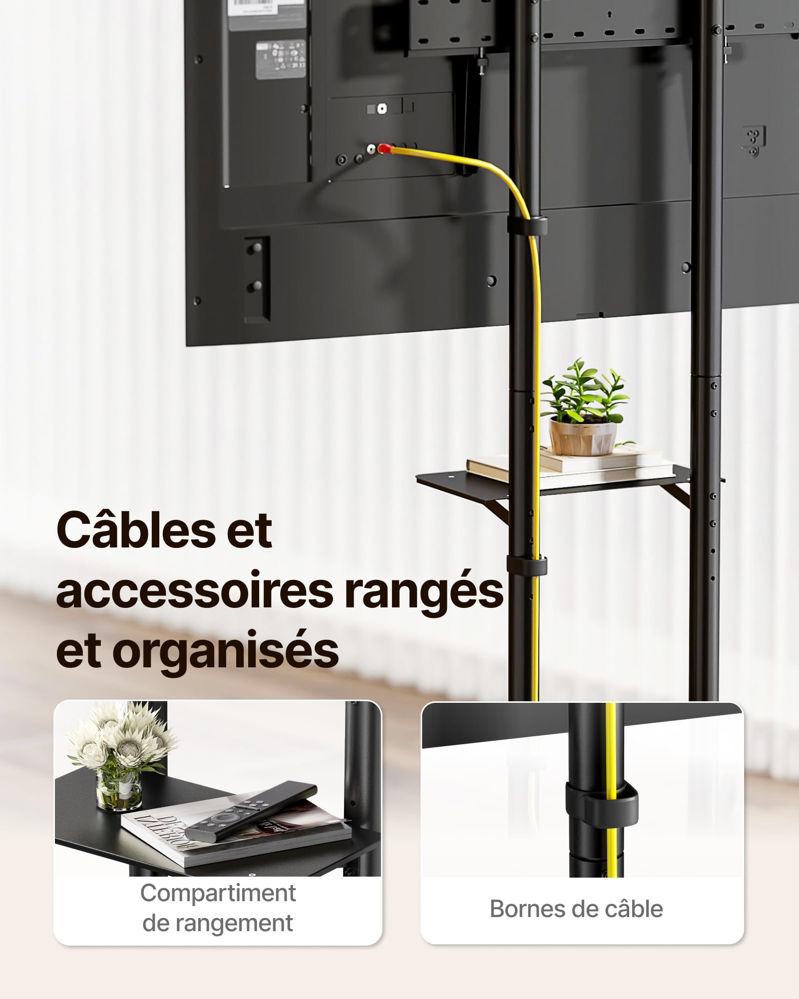 Support TV sur roulettes pour téléviseur de 32 à 85" jusqu'à 70 kg - avec roulettes et Tablette - Hauteur réglable - VESA Maximum 600 x 400 mm