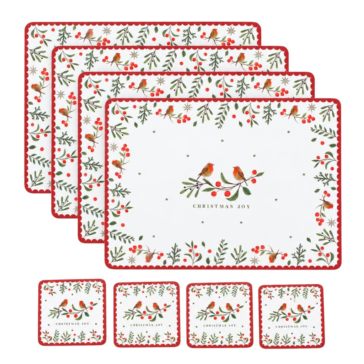 YöL Set of 4 Placemats & Coasters Festive Christmas Red Robin Holly White — image 1