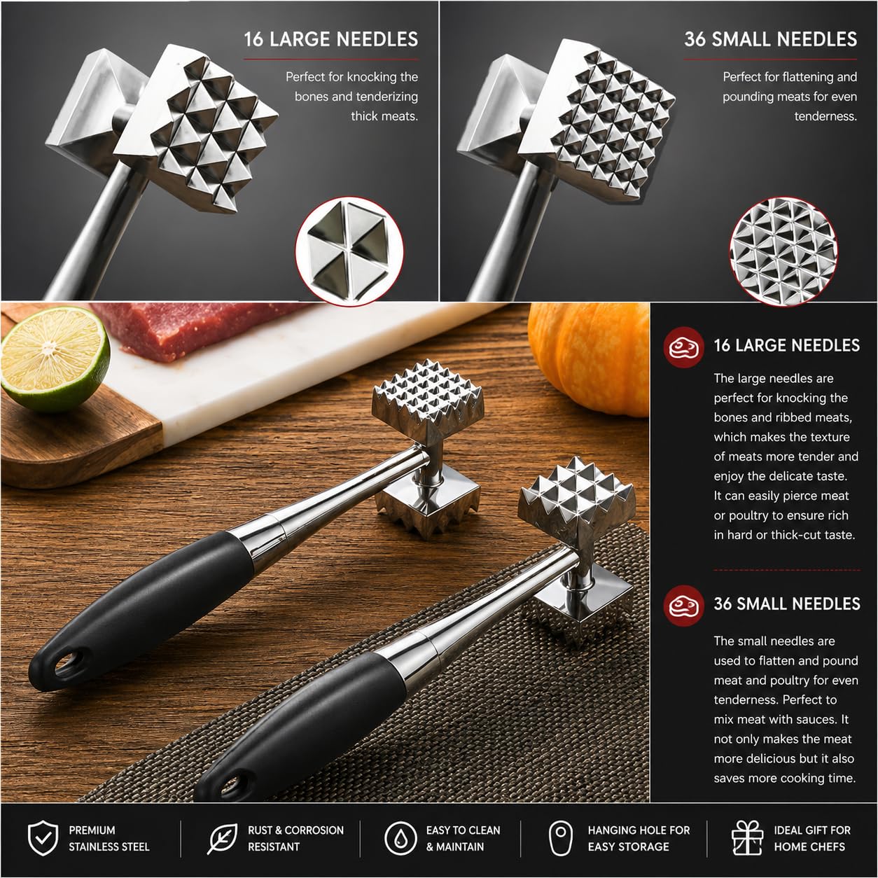 Zollyss Stainless Steel Meat Tenderizer Hammer | Dual-Sided Meat Mallet with Rubber Grip Handle | Meat Pounder for Steak, Chicken, Beef, Pork & Fish | Heavy Duty Kitchen Meat Hammer (Black) 4