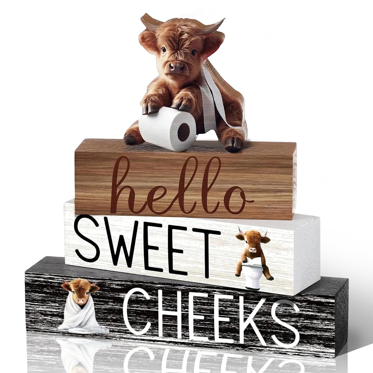 Highland Cow Table Decorations, Rustic Tiered Tray Decor, Cow Wooden Signs, Western Tabletop Centerpieces Farmhouse Highland Decor, for Home Living Room Shelf Kitchen