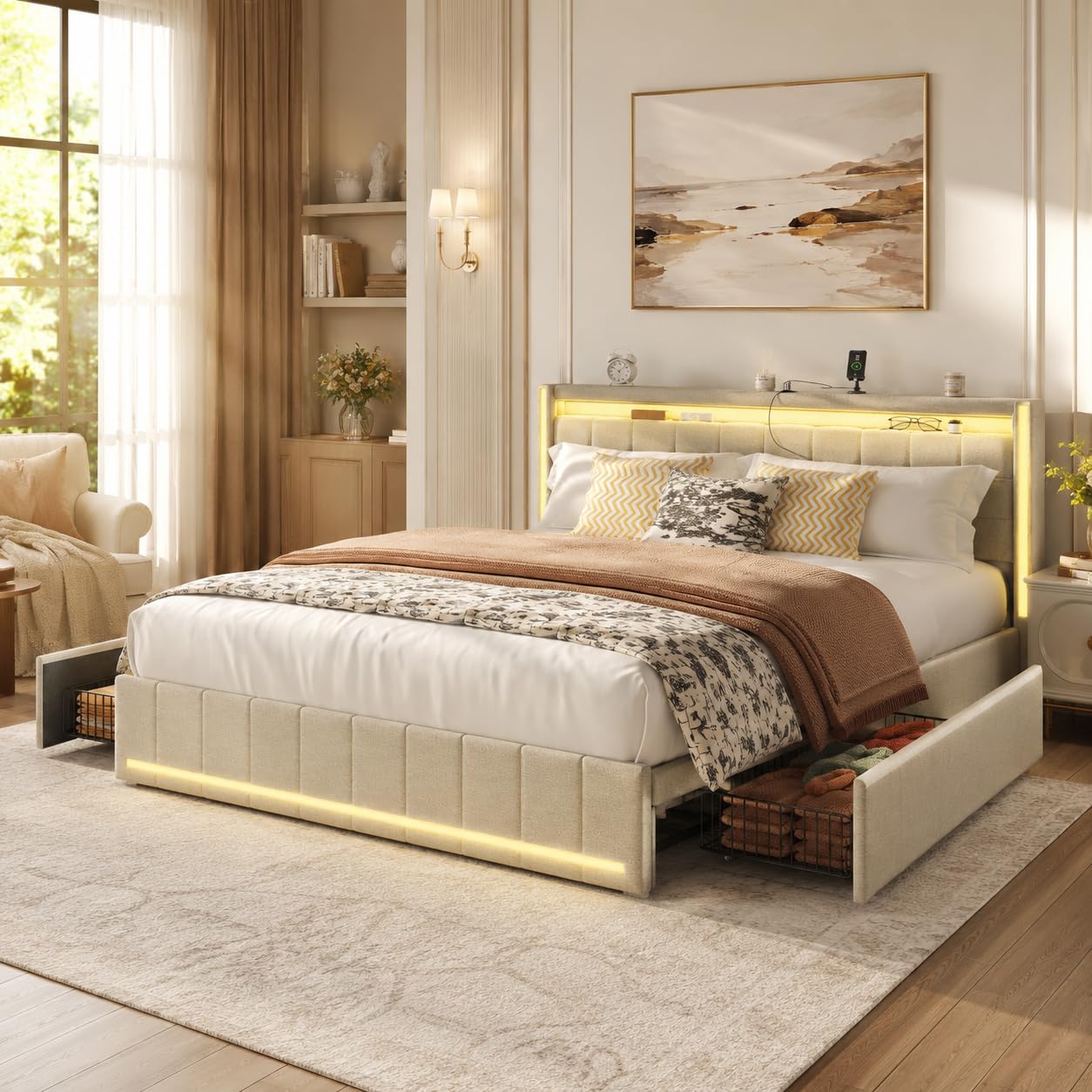 KeepGoon Letto matrimoniale 160 x 200 cm, letto imbottito con luci a LED, 4 cassetti in ferro e una porta di ricarica USB, telaio letto, tessuto di lino (beige)