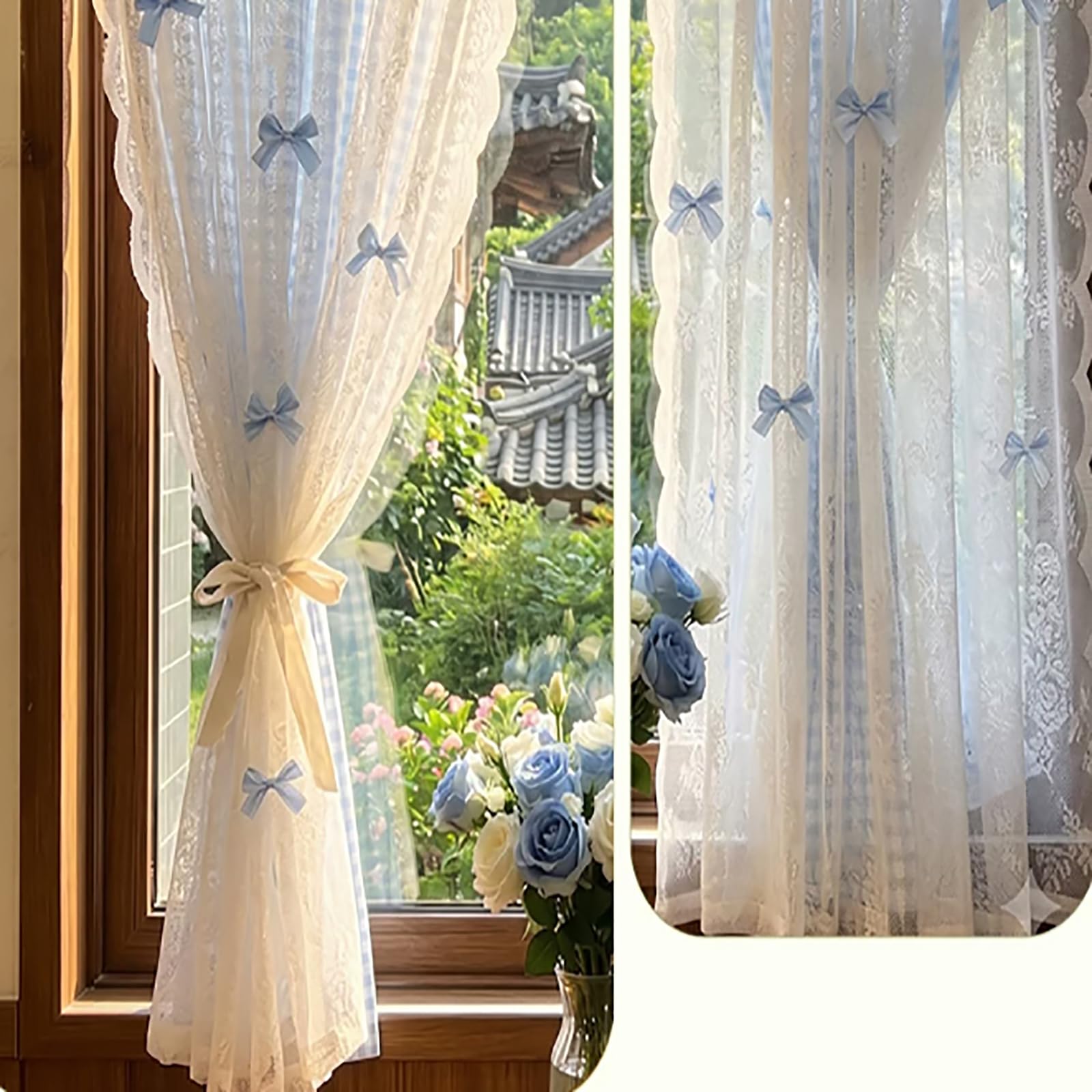Generico Tenda Quadretti Morbida, Tende in Tulle a Doppio Strato con Lacci,Set da 2,A,W*H:200x150cm/79x59″