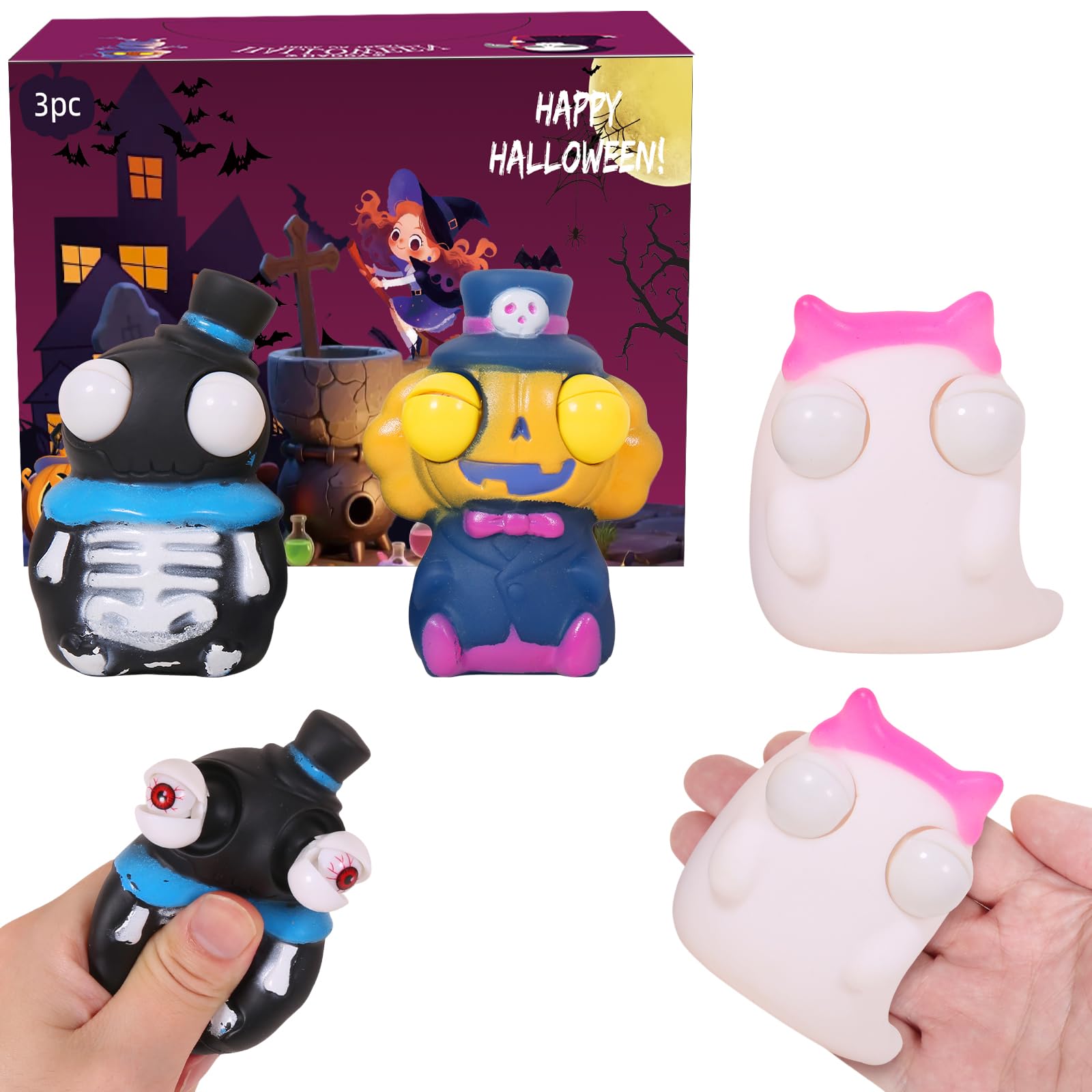 3 Pack Halloween Squishies Toys, Slow Rising Squishies Toys,Vampire,Ghost,Human Skeleton Hallowen Squeeze Out Eyes Toys for Kids Boys Girls Toddlers