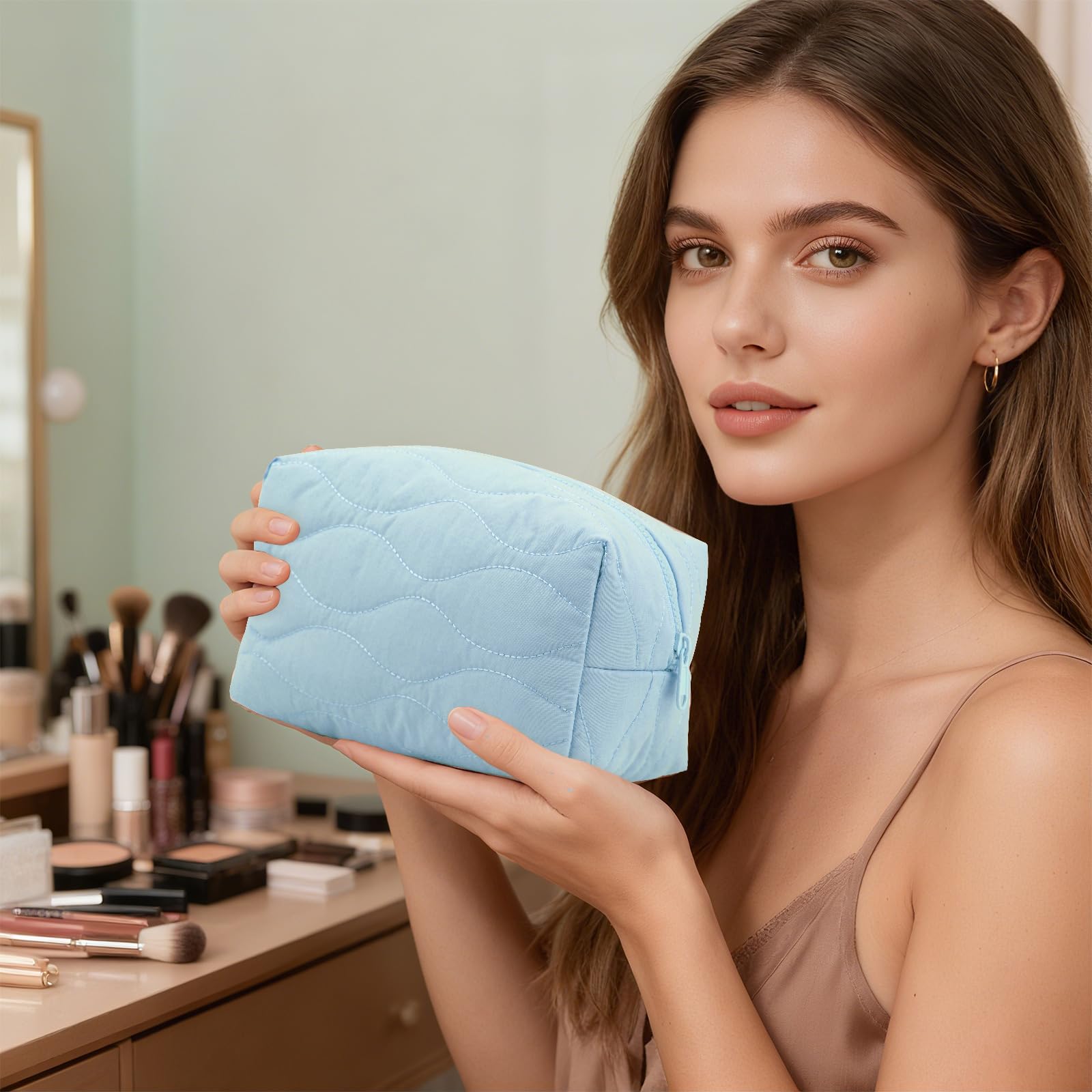 Cosmetic Bag with Zipper Puffy Padded Makeup Organizer for Handbag Travel Small Pouch Purse for Women Girls Waterproof Portable Lake Blue - Image 4