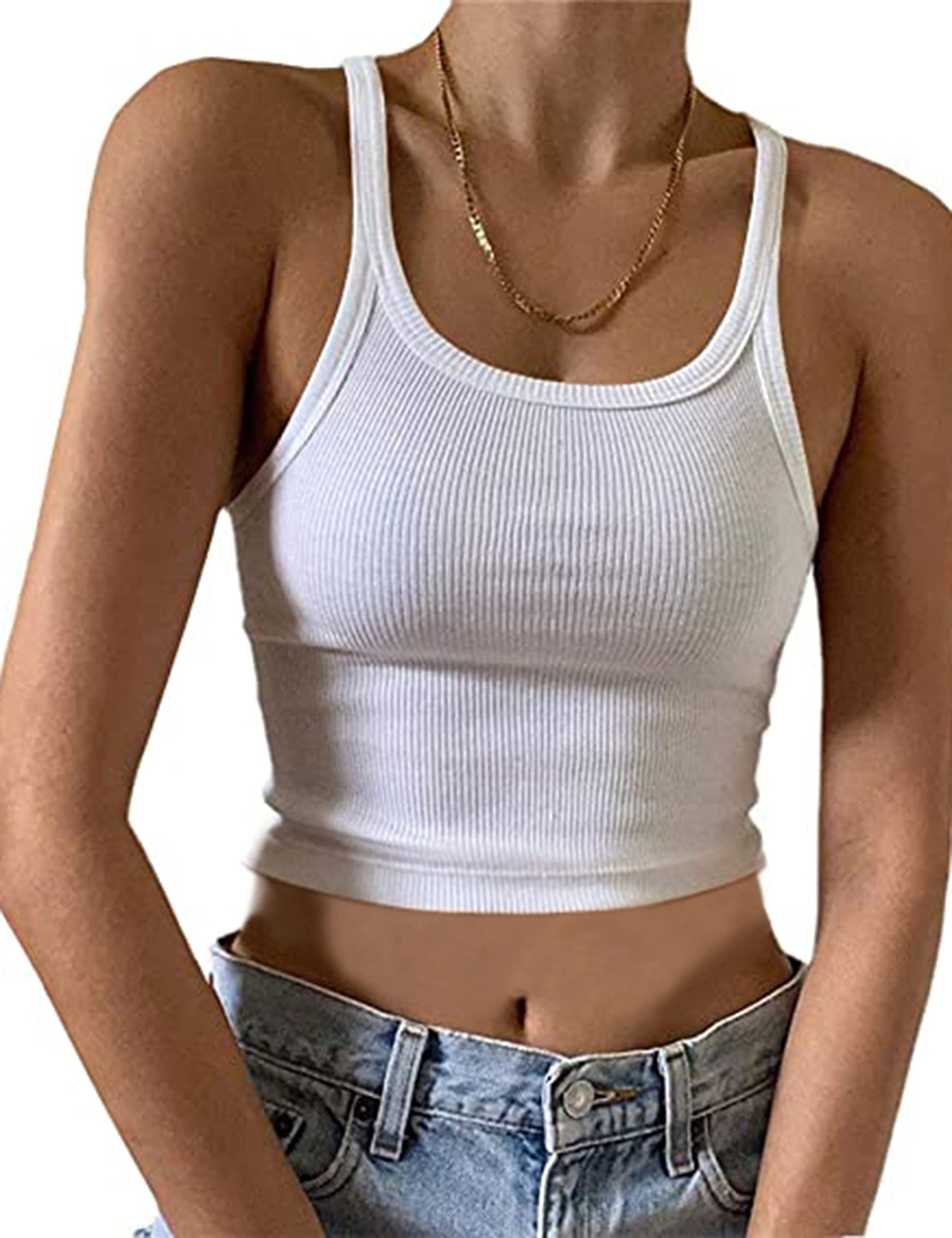 MISSACTIVERWomen’s Basic Rib Knit Crop Tank Top Casual Solid Scoop Neck Sleeveless Crop Top Camisole