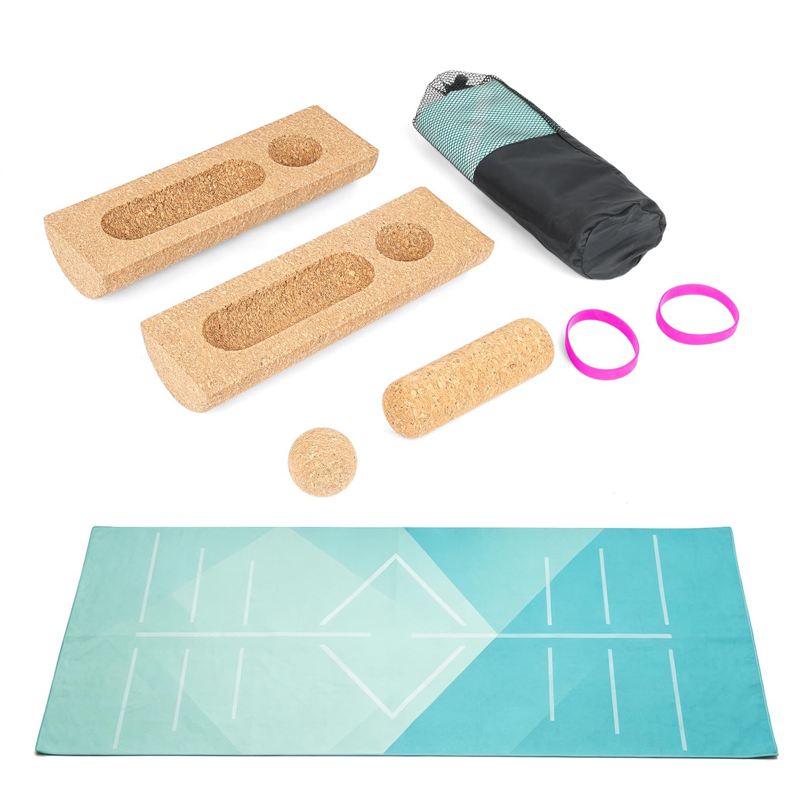 Cork Balance Training Set con Tappetino Yoga, Balance Board in Sughero | Blocchi di Equilibrio Rullo, Palla Massaggio e Fasce Stretch Dita, Kit Allenamento Piedi e Caviglia Antiscivolo per Stabilità