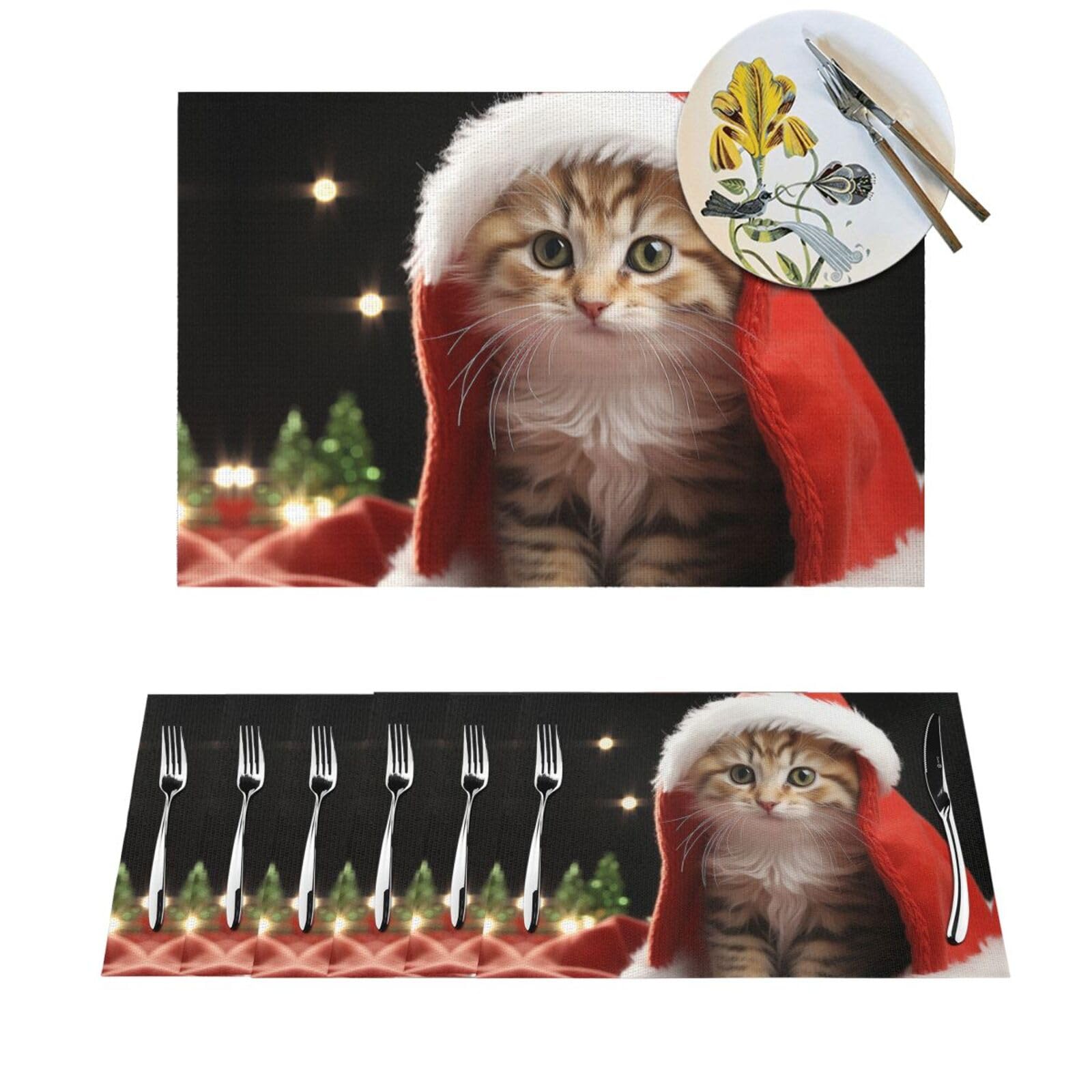 Set de table chat de Noël en PVC pour vos dîners de famille et repas de fêtes