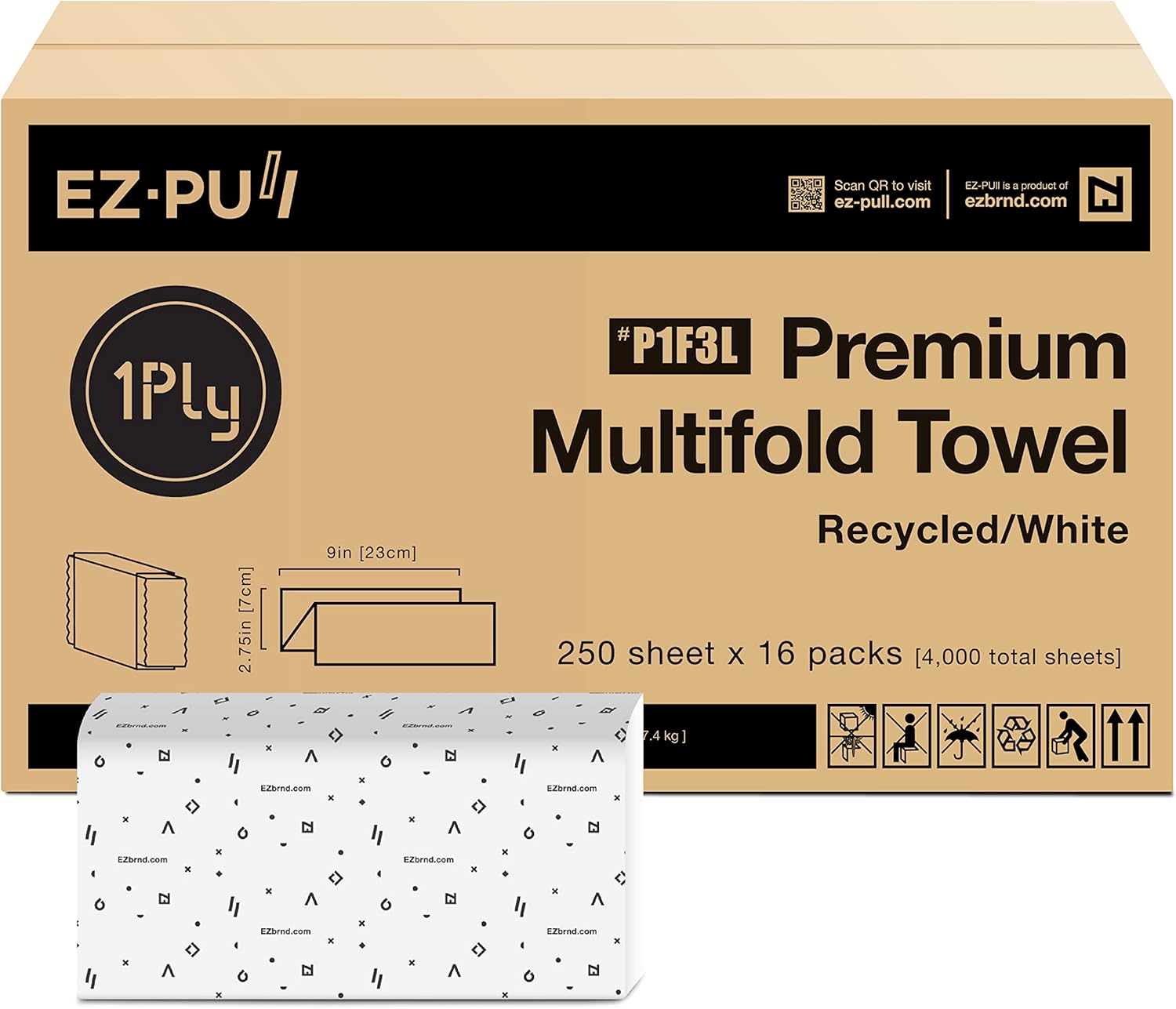 EZ-Pull Premium 1ply MULTIFOLD Paper Towels, FSC certified Recycled/White, 250 Sheets x 16 pk, P1F3L