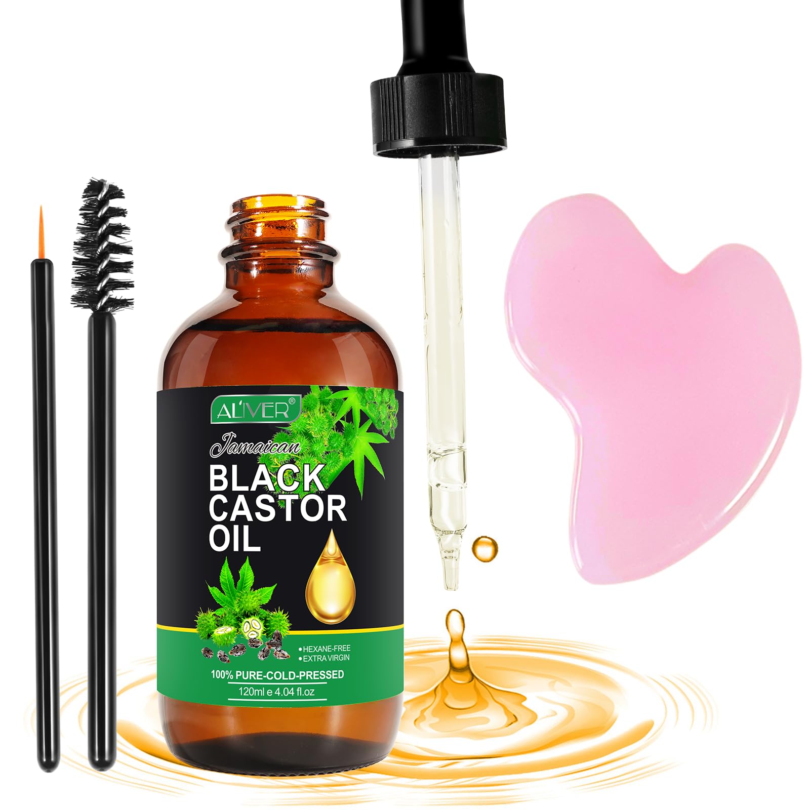 ALIVER Castor Oil 120ml, With Scraping Board and Eyebrow Brush, Organic Castor Oil, Promotes Hair Growth, Eyebrow Nourishment and Skin Moisturizing, Aromatherapy Massage Black Castor Oil