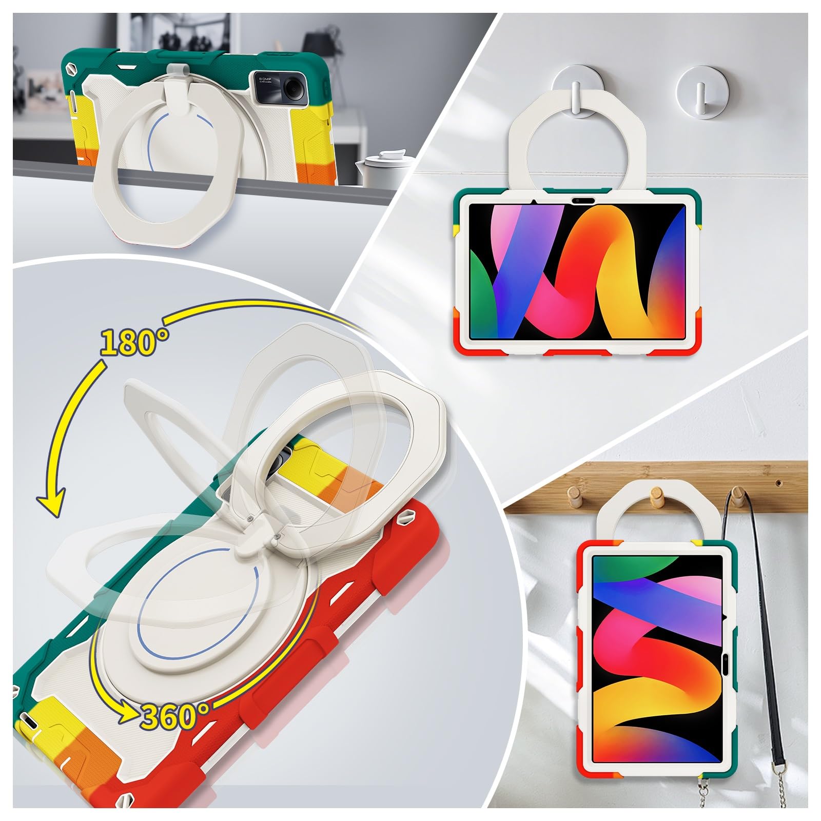 Custodia protettiva resistente per Xiaomi Redmi Pad SE 11" 2023, supporto rotante a 360°, tracolla, portapenne e anello per impugnatura, copertura antiurto, per bambini e adulti (rosso verde)