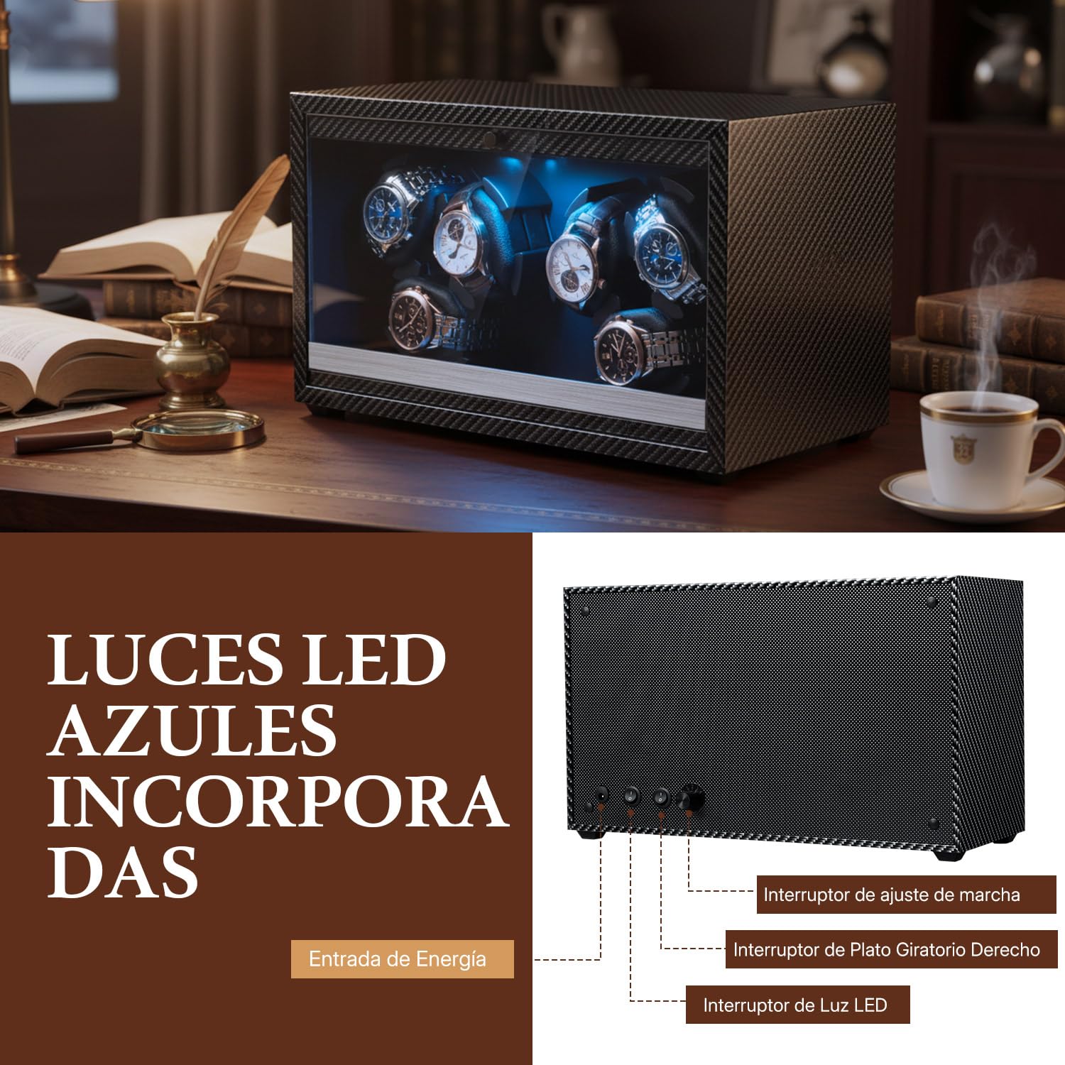 Mcbazel Enrollador Automático de Relojes para 6 Relojes con Luz LED, Motor Ultra-Silencioso Cajas Giratorias 4 Modos de Rotación, Alimentación USB DC Watch Winder de hasta 45 mm