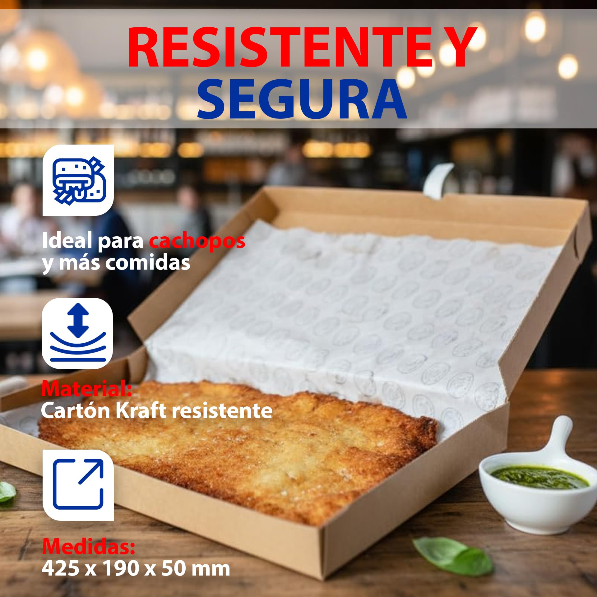 BALSAT Caja de Cartón para Cachopo 425x190x50 mm | Pack 100 Uds. | Caja para Regalo Gastronómico | Caja para Envíos de Comida Caliente y Delivery | Caja de Cartón con Tapa Resistente Fácil de Montar