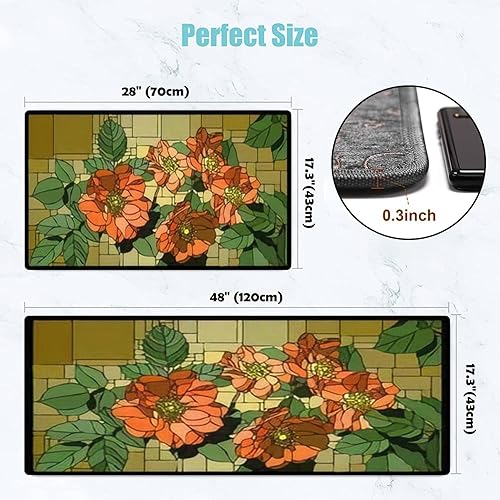 Miniatura 2 de Kitchen Rugs Set Angular Mosaic Blooming Dog Rose Buds Stained Glass Window Frame Kitchen Mat for Floor Non-Slip Washable Kitchen Runner Doormat