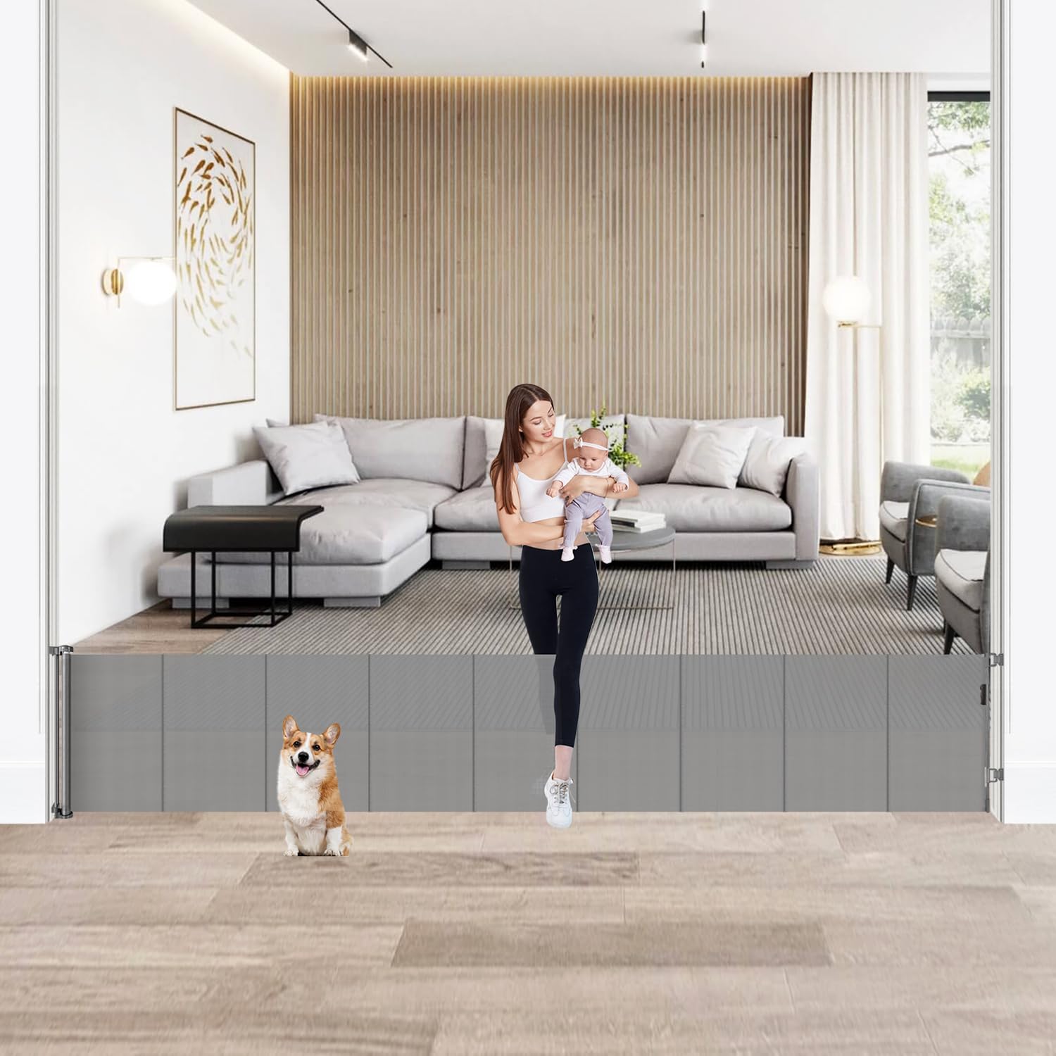 24" Tall X 120" Extra Wide Retractable Baby Gates, Short Dog Gates to Step Over, Reinforced Long Mesh Pet Gate with Support Rods, Small Puppy Gates