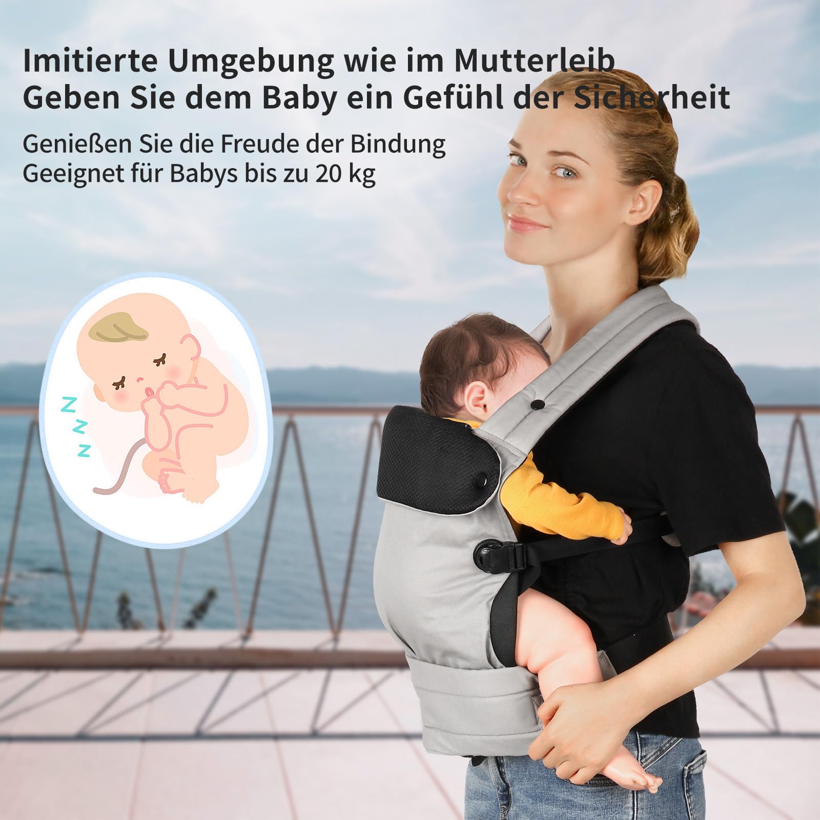 Babytrage für Neugeborene bis Kleinkinder, Ergonomische Bequeme und Leichte Tragetuch, Verstellbare Kopf- und Nackenstütze, Verbesserte Lendenwirbelstütze für Babys 4-20 kg 3-36 Monate, Grau
