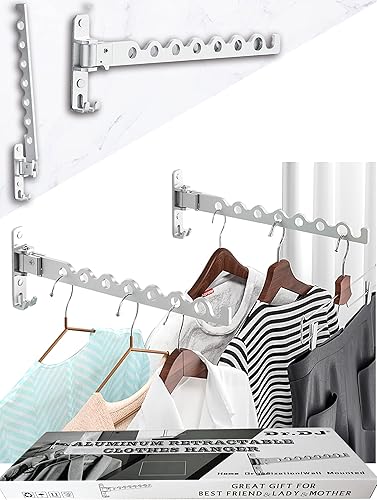 Dr.DJ Soporte para colgar abrigos de pared, organizador de secado de ropa plateado, ganchos de aluminio retráctiles plegables para montaje en pared