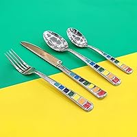 Vista 1 de Juego de cubiertos coloridos únicos para 6, cubiertos de acero inoxidable moderno, juego de utensilios de vajilla cuchillos, tenedores, cucharas