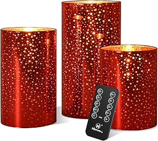M Mirrowing LED Flameless Candles Battery Operated with Remote and Timer,Realistic Flickering Flameless Candles,Mercury Glass Led Pillar Candles, Set of 3 (D 3"×H 4" 5" 6") Red