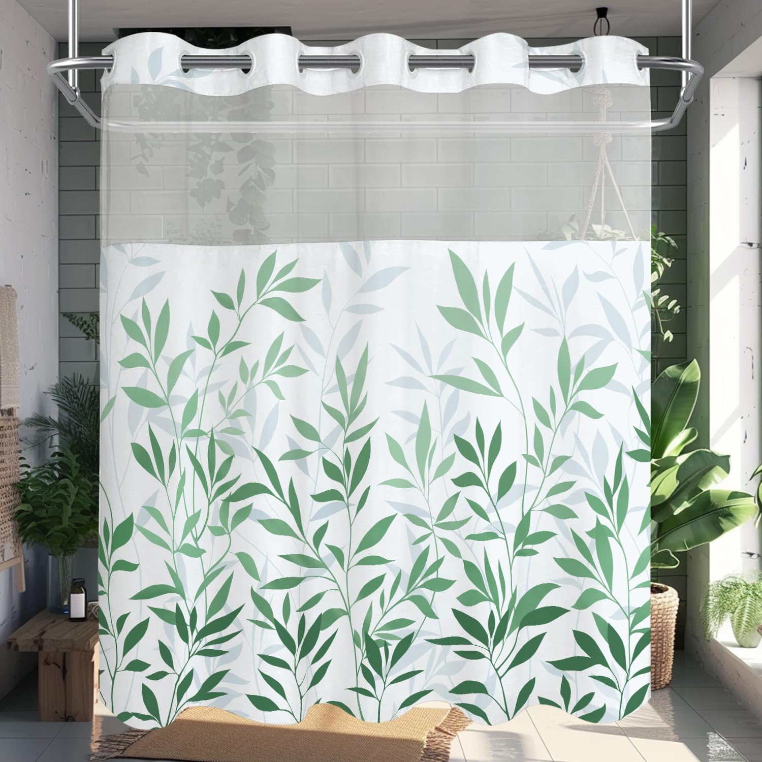 Hookless Shower Curtain for Bedroom Plant Leaves Shower Curtain Liner Waterproof Green and White Fabric Curtain Decor (Green)