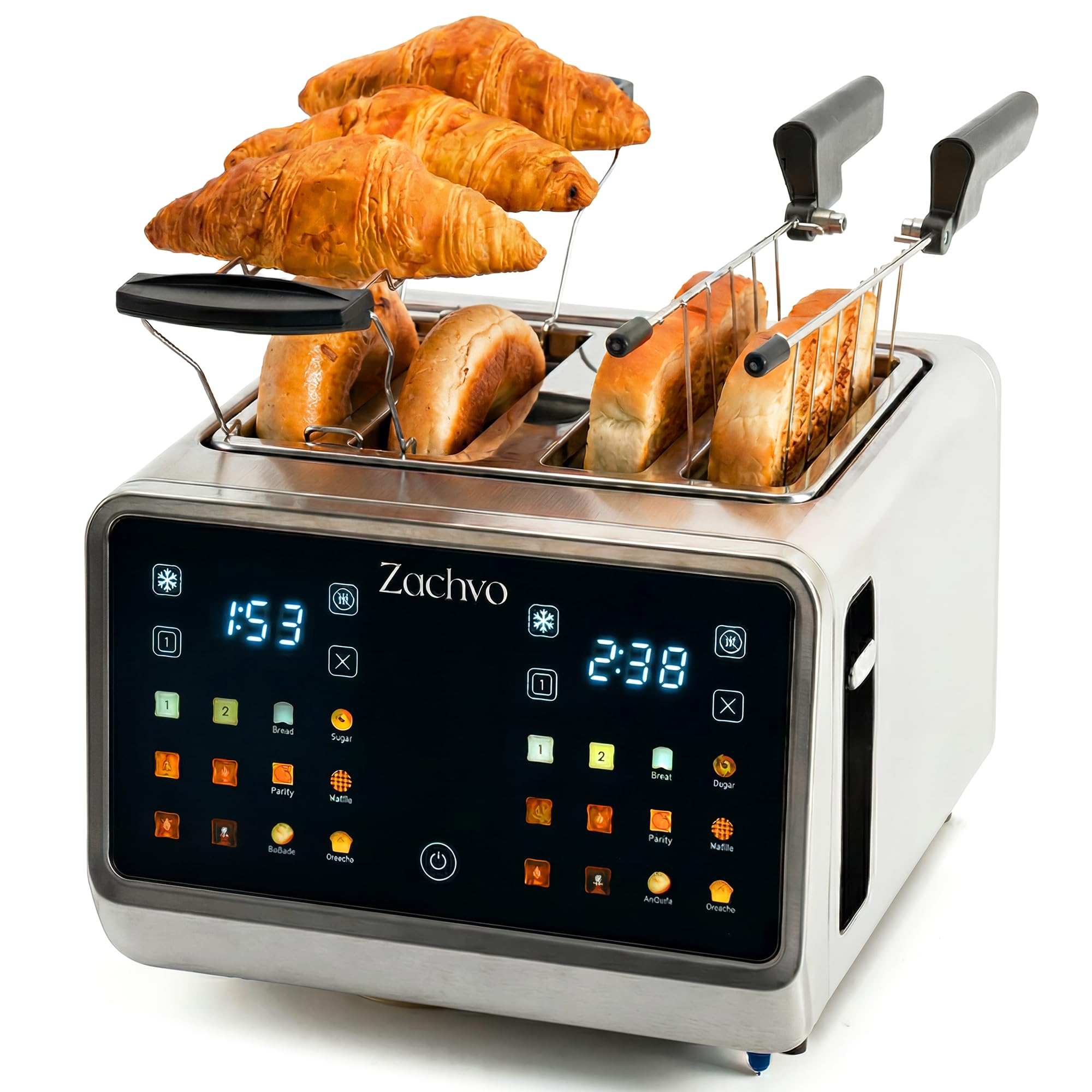 Tostapane 4 fette con touchscreen e timer conto alla rovescia – tostapane lungo in acciaio inox con 2 zone di temperatura indipendenti, fessure extra larghe da 3,7 cm, 6 programmi