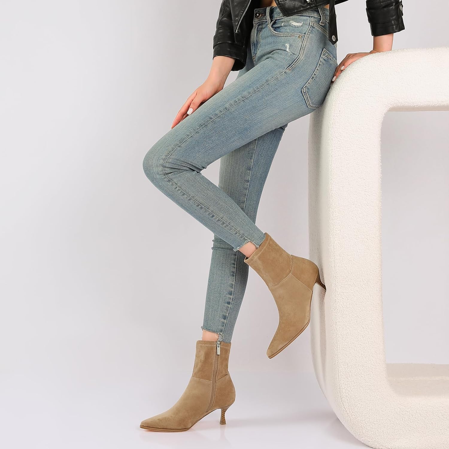 RIBONGZ Ankl Boots for Women Stiletto Kitten Heel Sexy Cowgirl Booties Side Zipper Pointed Toe Low heels Fall Dressy Mid Calf Short Fashion Winter Leather or Suede Work Party Office Shoes - Image 6