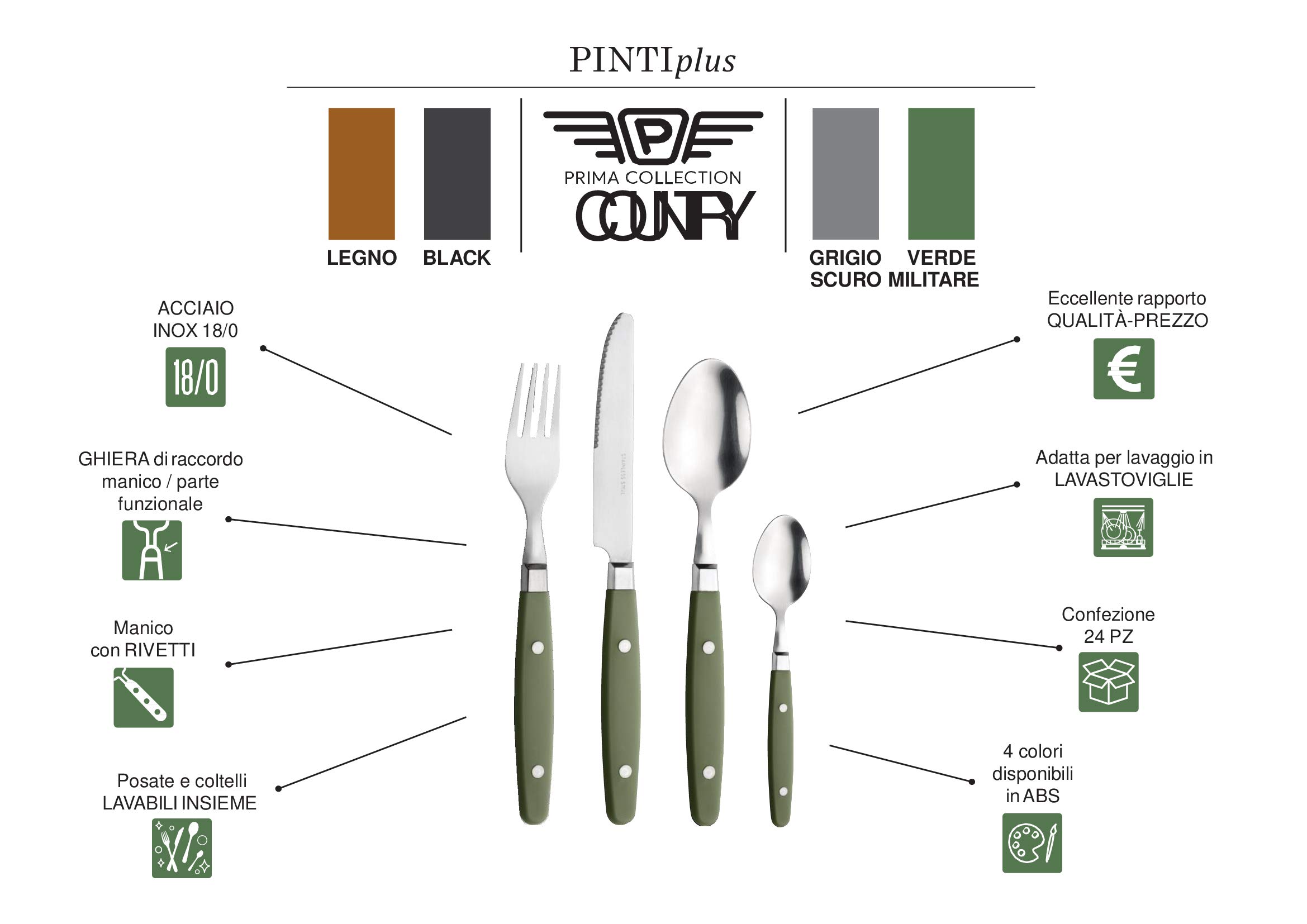Prima Collection Lot de 24 couverts de la série Country en acier inoxydable sans nickel, avec poignée, couleur bois, avec boîte cadeau