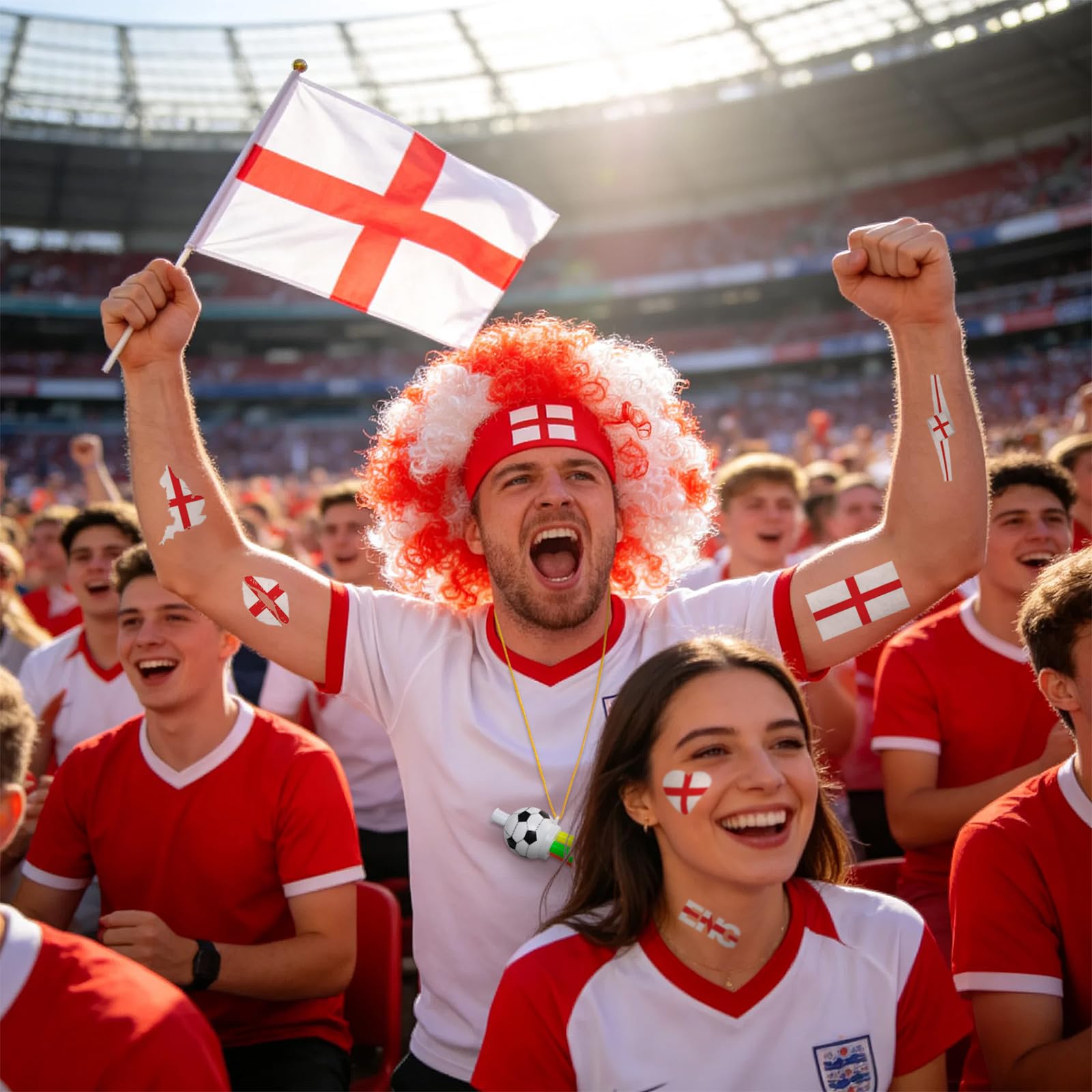2026 Soccer Fan Gear Set – England Flag Clown Wig, Temporary Tattoos & Loud Horn – Cheer Accessories for International Football Matches, Stadium Parties & Global Tournament Celebrations — view 5