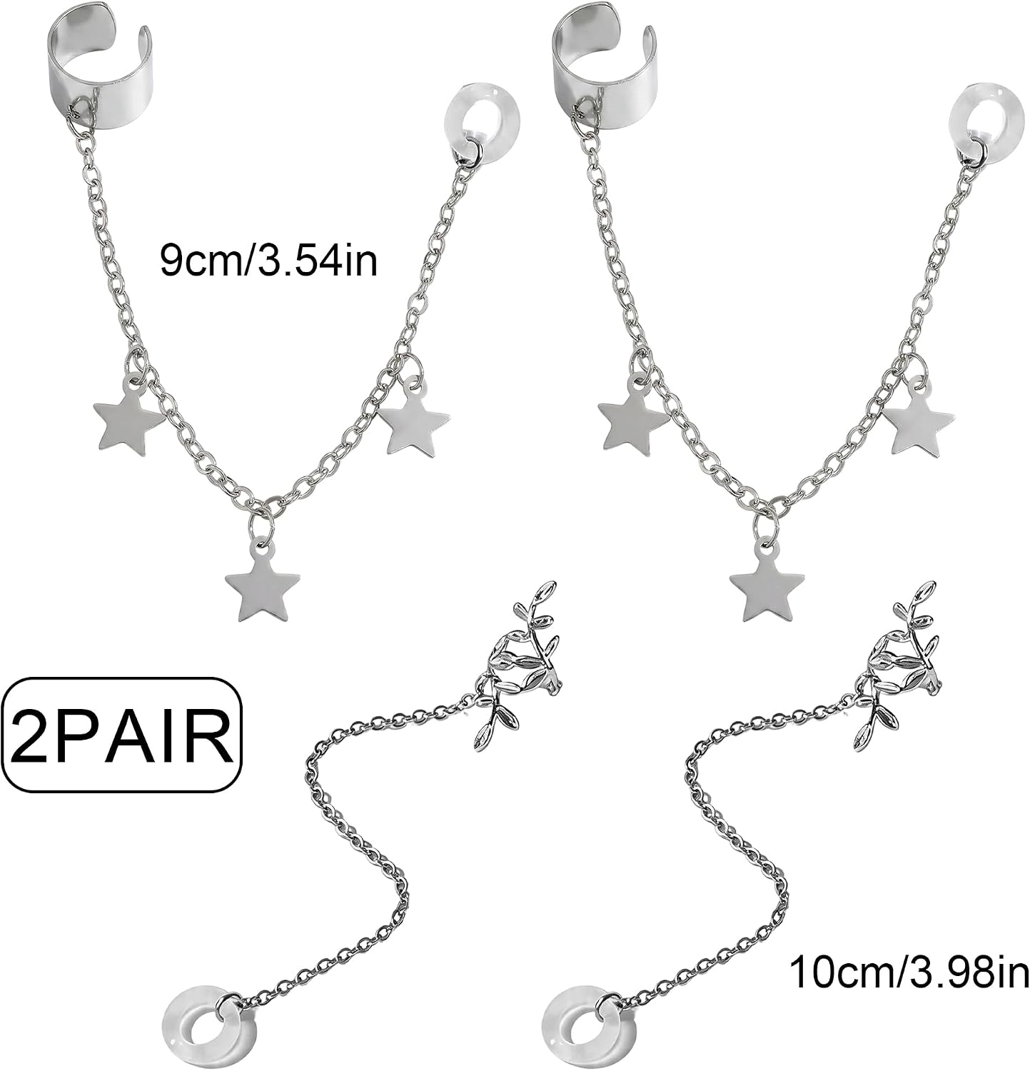 4 Pcs Silver-Tone Hearing Aid Clips for Women, Star & Leaf Ear Cuff Anti Loss Lanyard, Cochlear Implant Accessories & Earbud Holder, No Piercing Hearing Aid Jewelry
