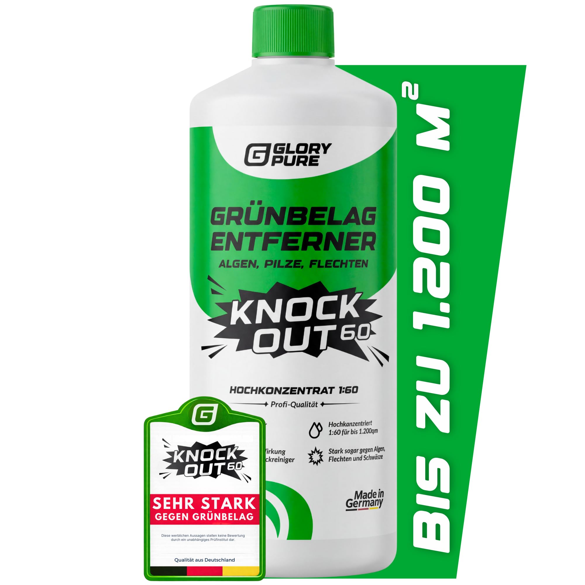 GLORYPURE Grünbelag-Entferner KNOCK OUT 60 | Hochkonzentrat bis zu 1.200 m², extrem starker Wirkstoff, effektiv gegen Algen & Flechten | Terrasse, Gehwege, Fassaden, Camper | Der stärkste seiner Art
