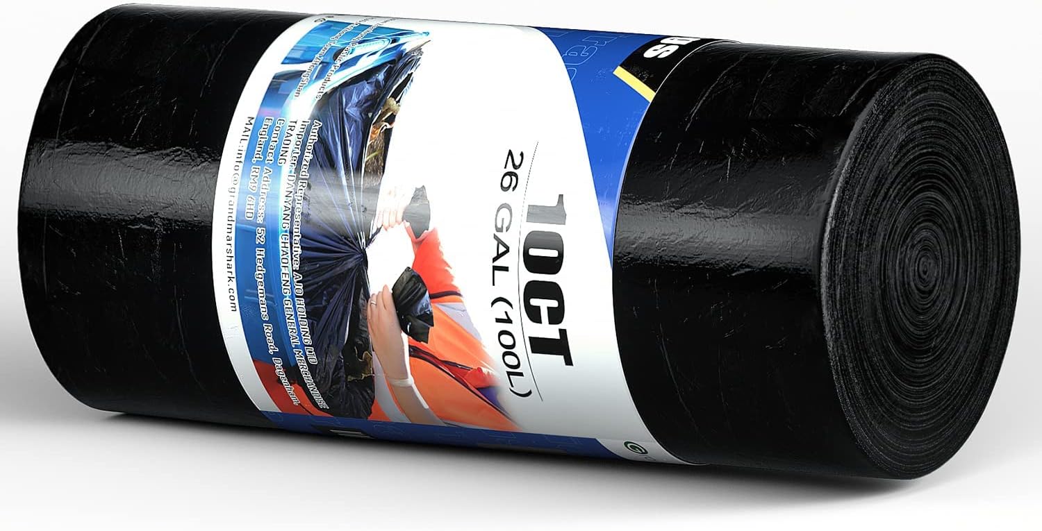 GRANDMA SHARK Heavy Duty Bin Bags, 100 Litre 800 x 1000 mm, Garbage Bag, Super Strong, Anti-drip Unscented, for Garden, Caterers, Office (100 Litre)