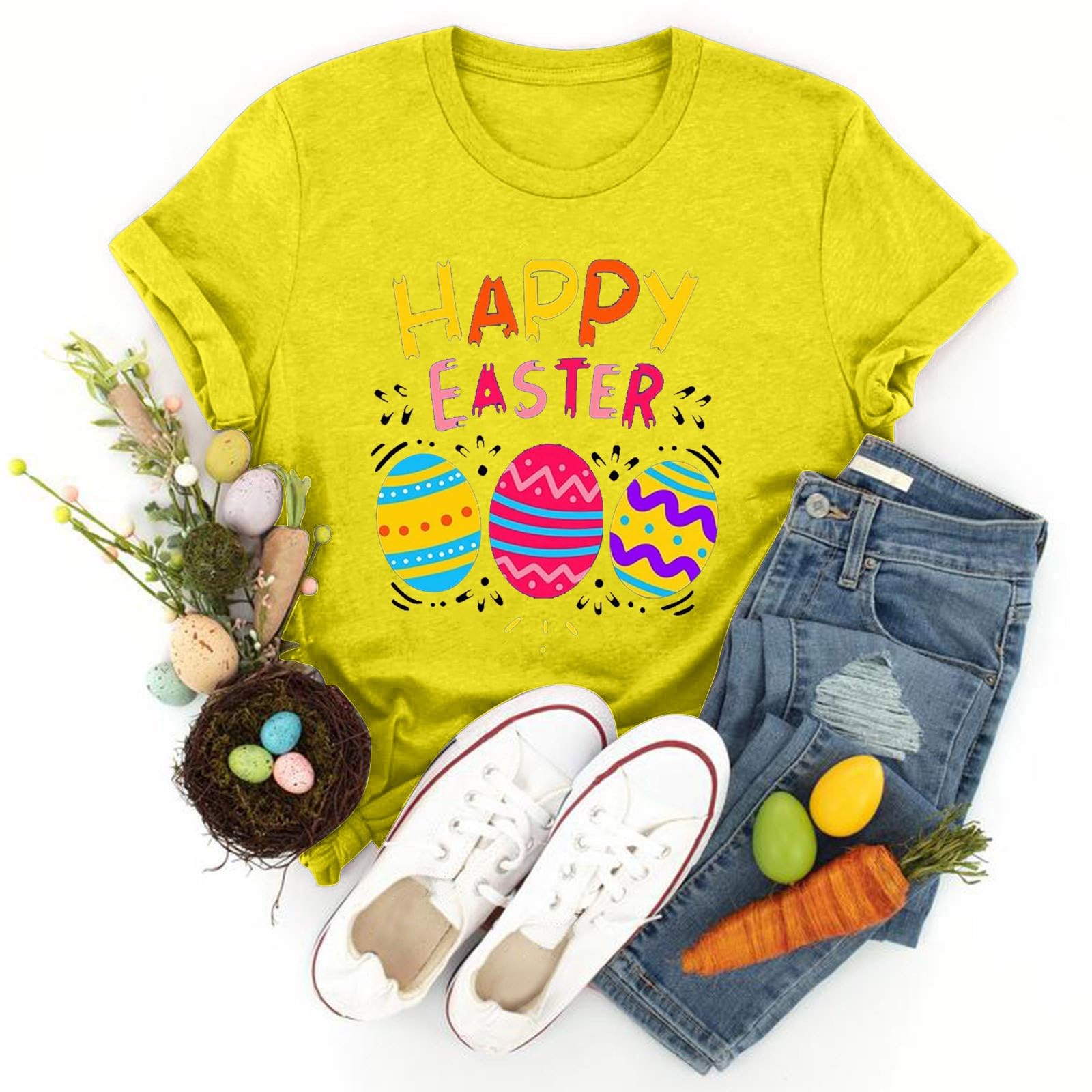 AMDOLE Disfraz de Pascua para adultos, con estampado de huevos de Pascua, cuello redondo, manga corta, camiseta de Pascua para mujer