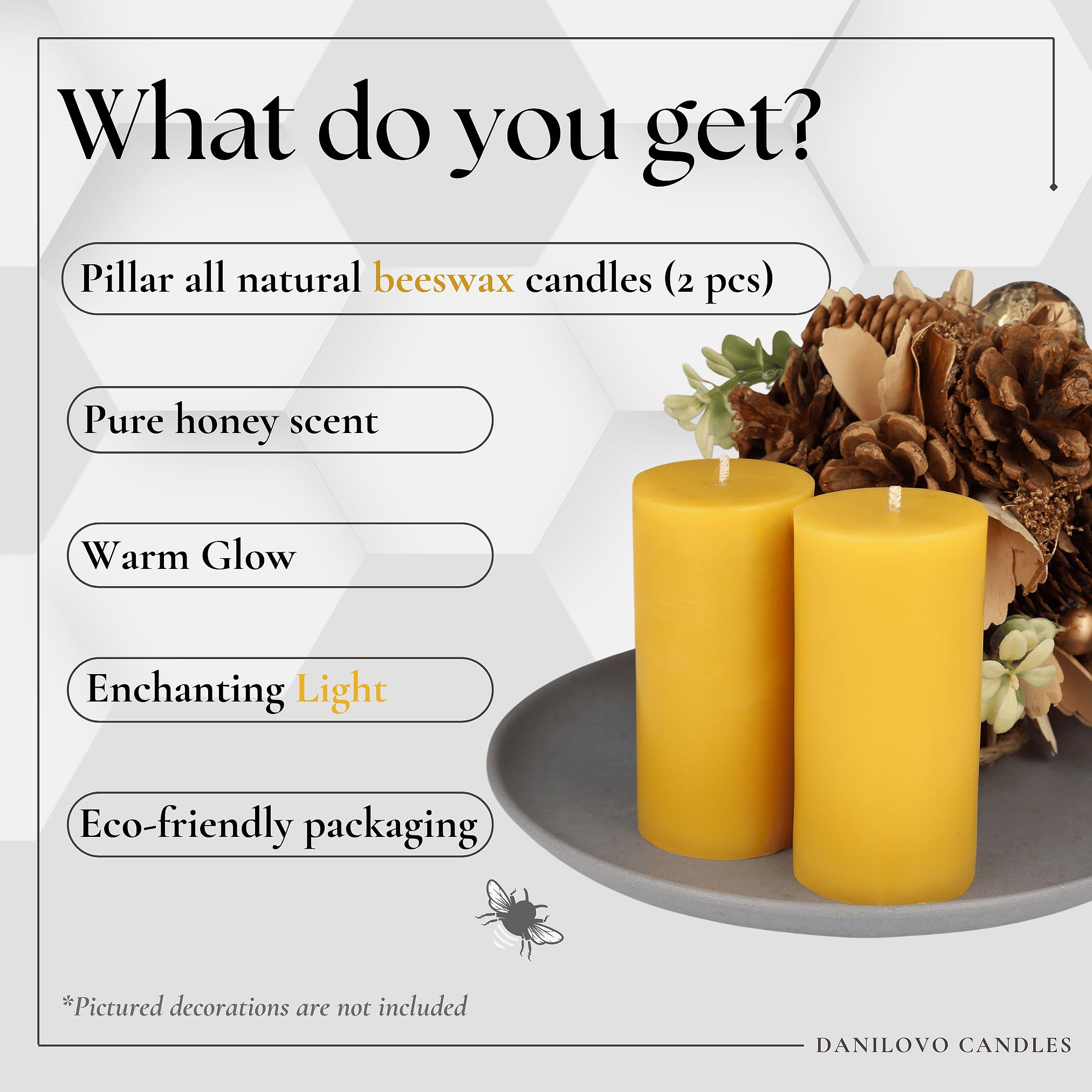 Danilovo Velas de Cera de Abeja Natural 100% Pura – Velas Decorativas Grandes para un Hogar Acogedor – Aroma a Cera de Abeja Natural que da Confort Diario (2 pz, 5x10 cm, 35 horas)