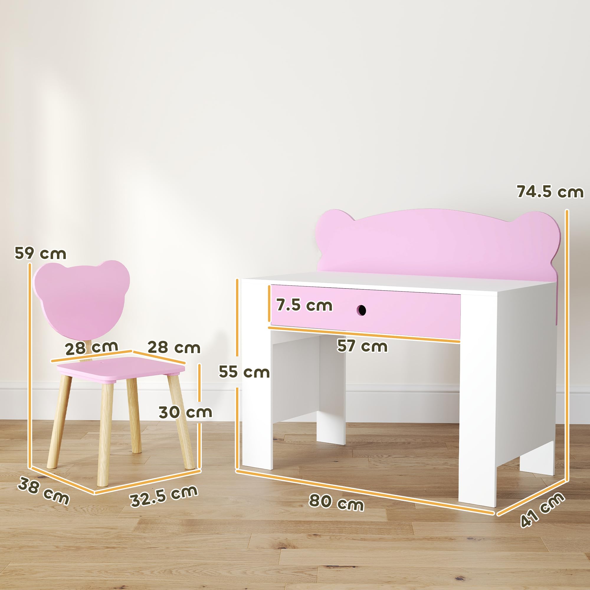 AIYAPLAY Set Scrivania per Bambini con Sedia, Tavolo da Studio con Cassetto, Schienale a Forma di Orsetto, Età 3-8 Anni, Rosa