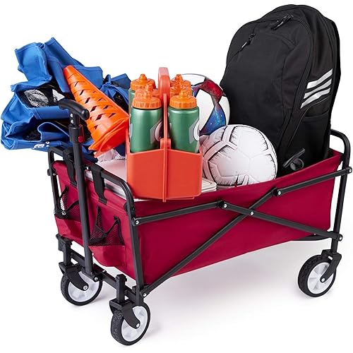 Seina Heavy Duty Steel Compact Collapsible Folding Outdoor Portable Utility Cart Wagon with All Terrain Rubber Wheels and 150 Pound Capacity, Red