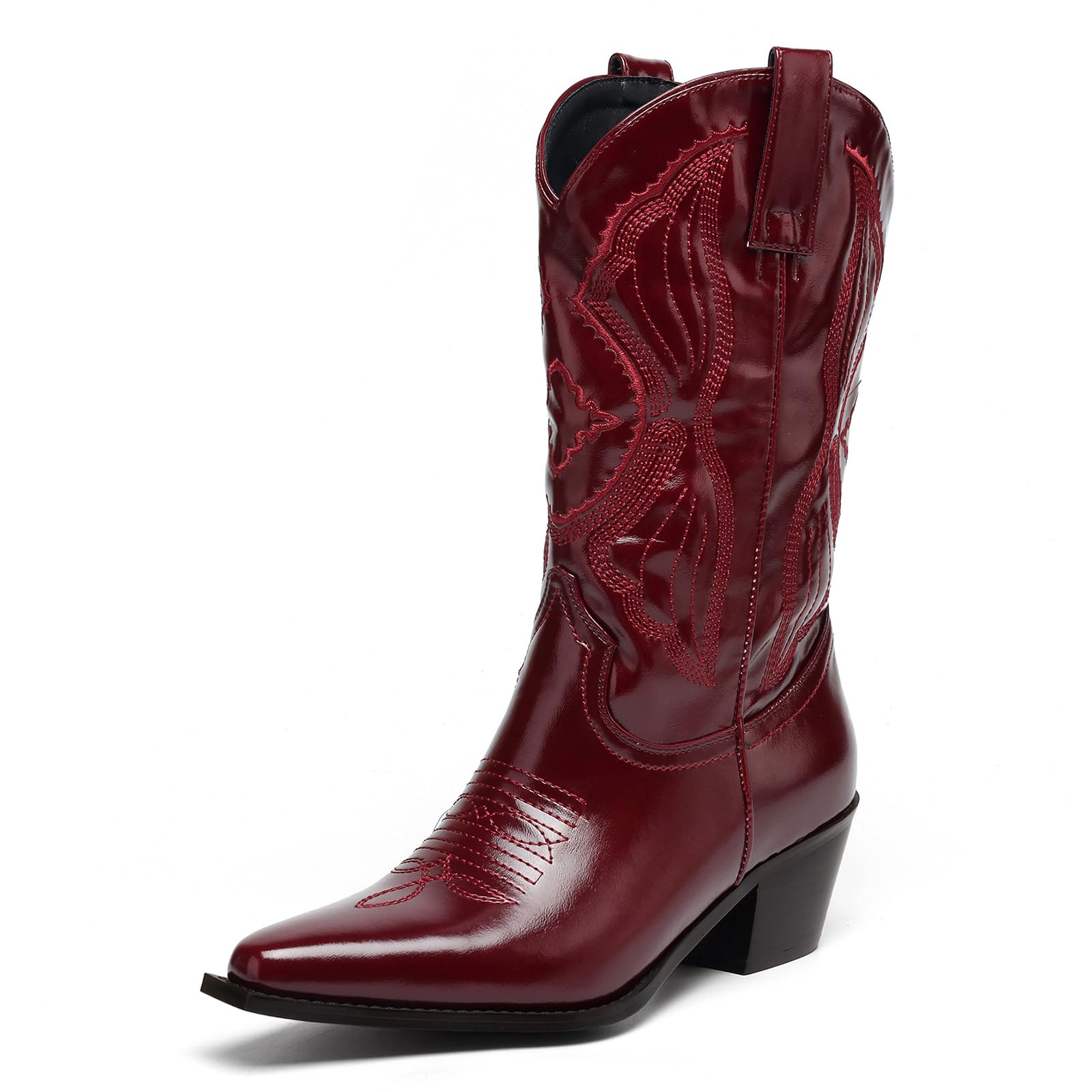 Wide Calf Cowgirl Boots Western Cowboy Boots for women Mid-Calf - Burgundy Embroidered Leather Snip Toe 2 25