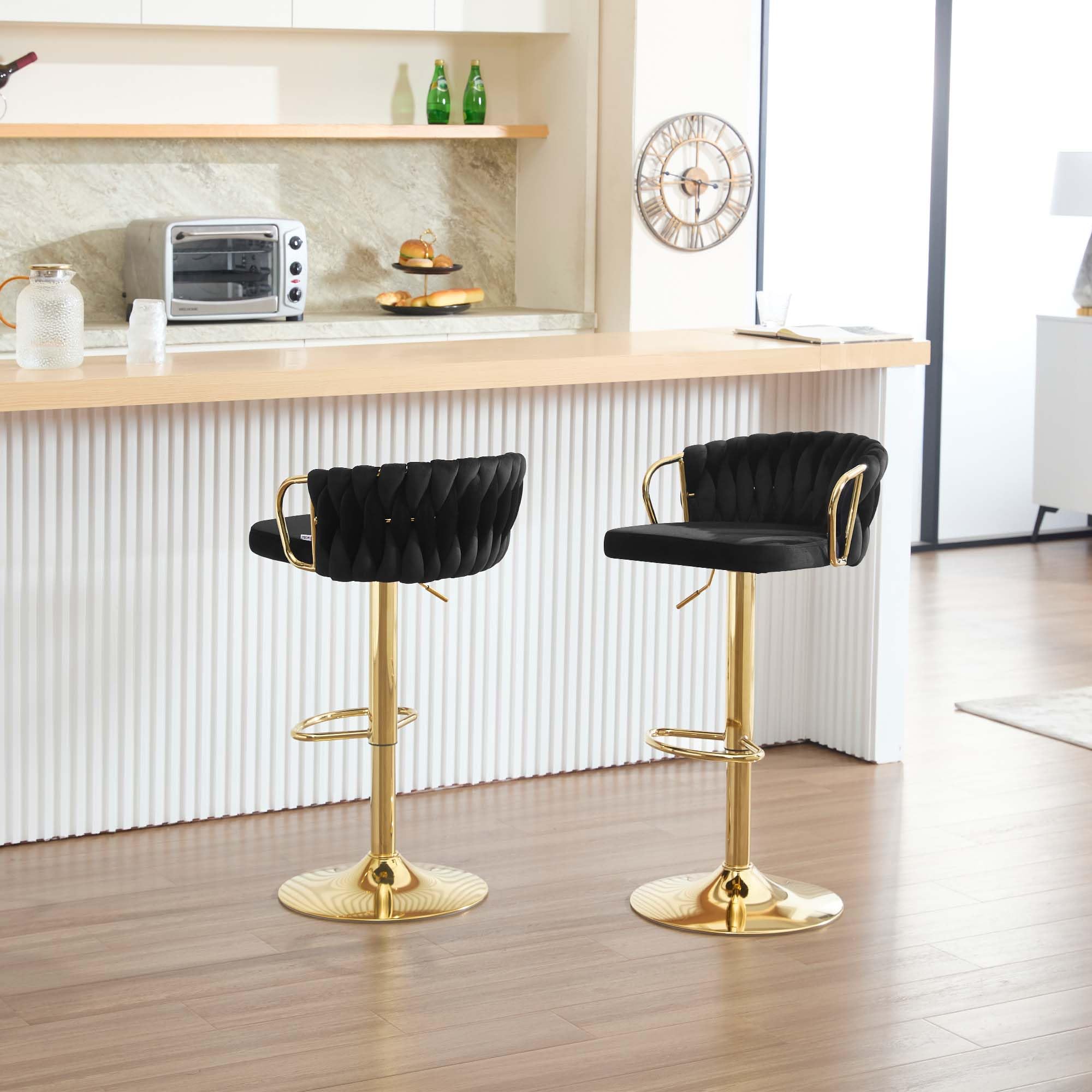 WOLTU Taburetes Altos de Cocina Set 2 Altura Ajustable, Negro | con Respaldo y Reposapiés, Base de Metal, Terciopelo, para Comedor, Salón y Cafetería