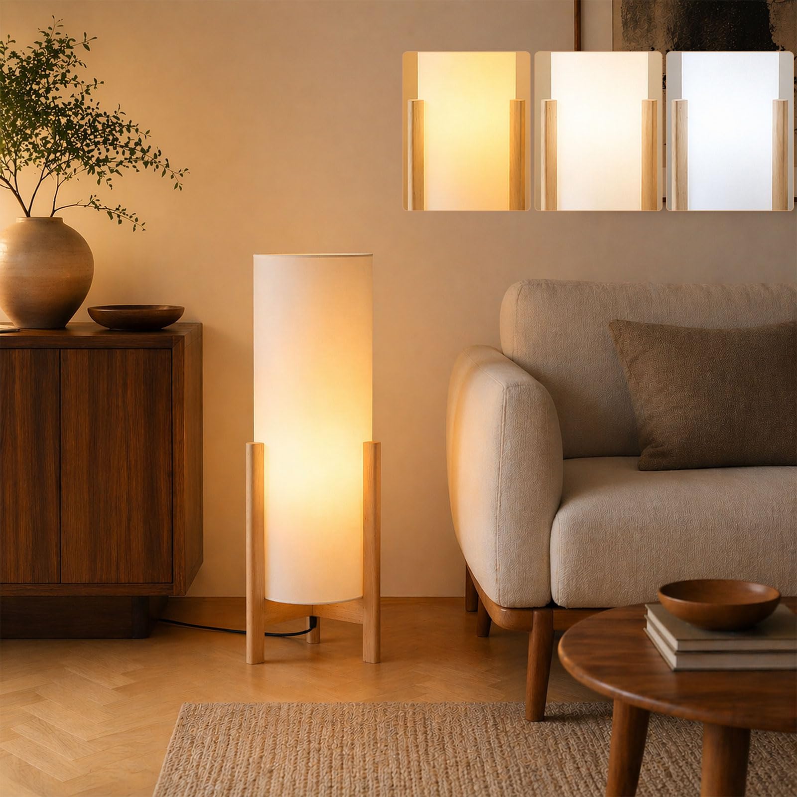 KlkrzJwy 30.7" Wood Tripod Floor Lamp Mid Century Modern Linen Floor Lamp Beige Fabric Standing Lamp with E27 3-Color Temperatures Natural Wooden Tall Light for Living Room Bedroom Study Tea Room
