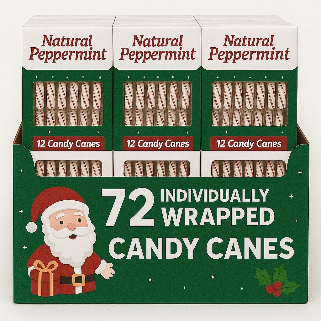 Peppermint Candy Canes, Red and White Striped, Individually Wrapped, Bulk Pack for Christmas Holiday, Stocking Stuffers, (72 Count)