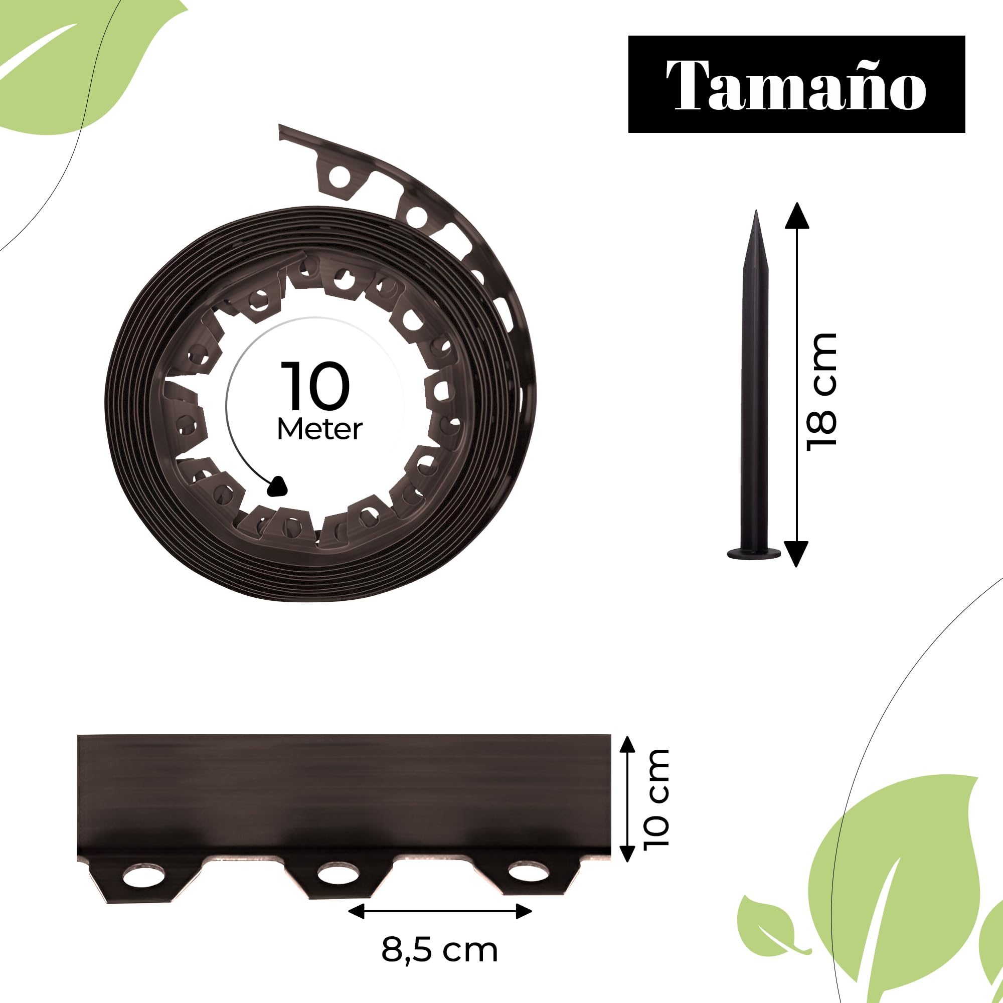 GARDENIX Borde Flexible de plástico para césped, marrón, 10 m, 20 Anclajes, 10 cm de Altura, Resistente a la Intemperie, Borde Redondo, para Jardines y Robot cortacésped