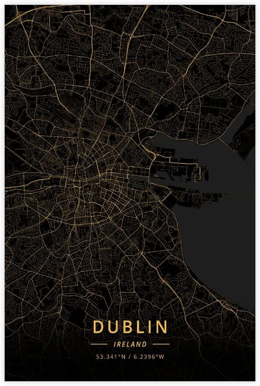 KKPL Designer Art City Maps Gold Dublin Ireland Canvas Poster Wall Art Decor Print Picture Paintings for Living Room Bedroom Decoration Unframe: 20x30inch(50x75cm)