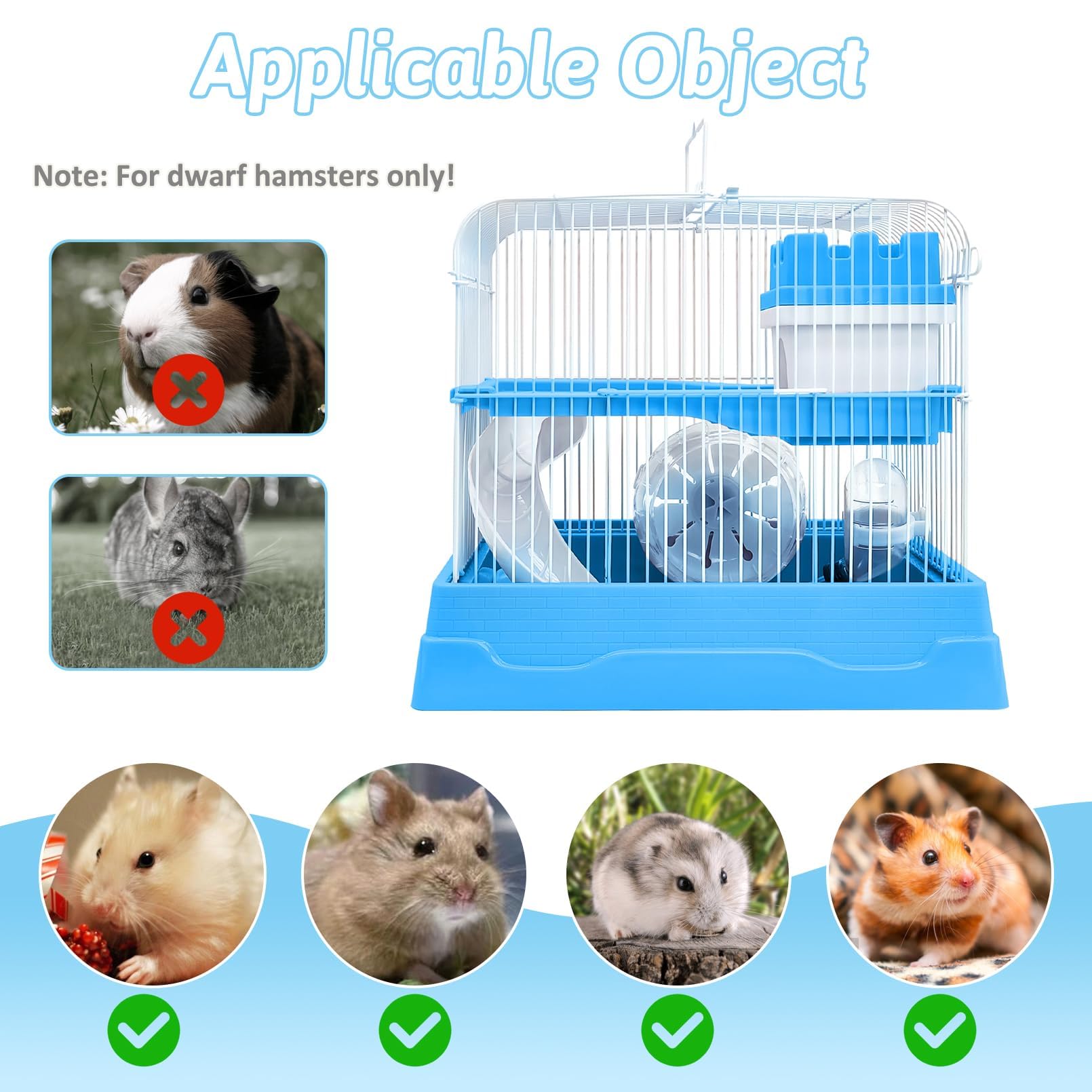 PINVNBY 2-Tier Dwarf Hamster Cage, Travel Portable Mouse Cage Gerbil Cages and Habitats Small Animal Carrier with Castle House Running Exercise Wheels, Water Bottle and Food Dish(Gray)