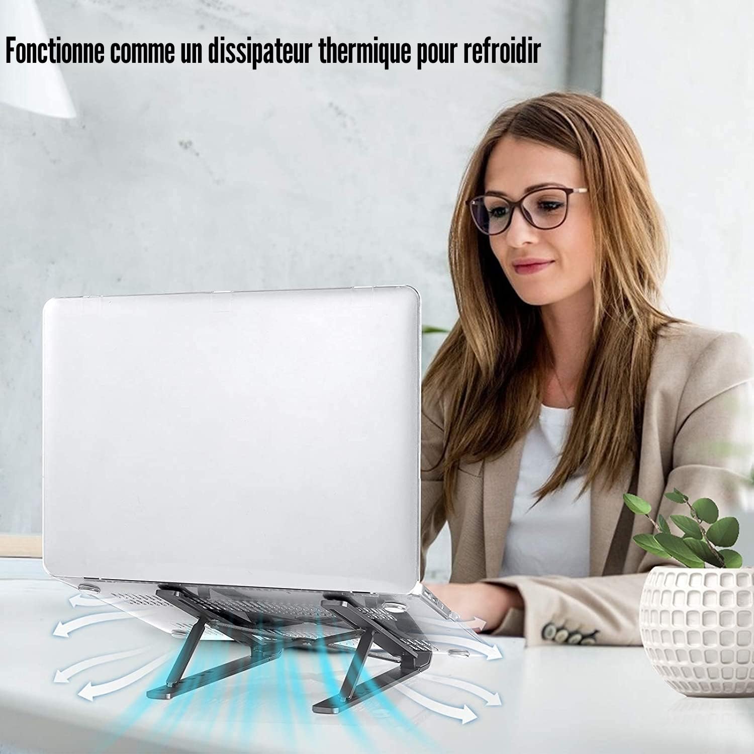Support Ordinateur Portable Ventilé en Aluminium Réglable, Refroidisseur Ergonomique Compatible MacBook Air HP Dell 10-17.3 Pouces Noir