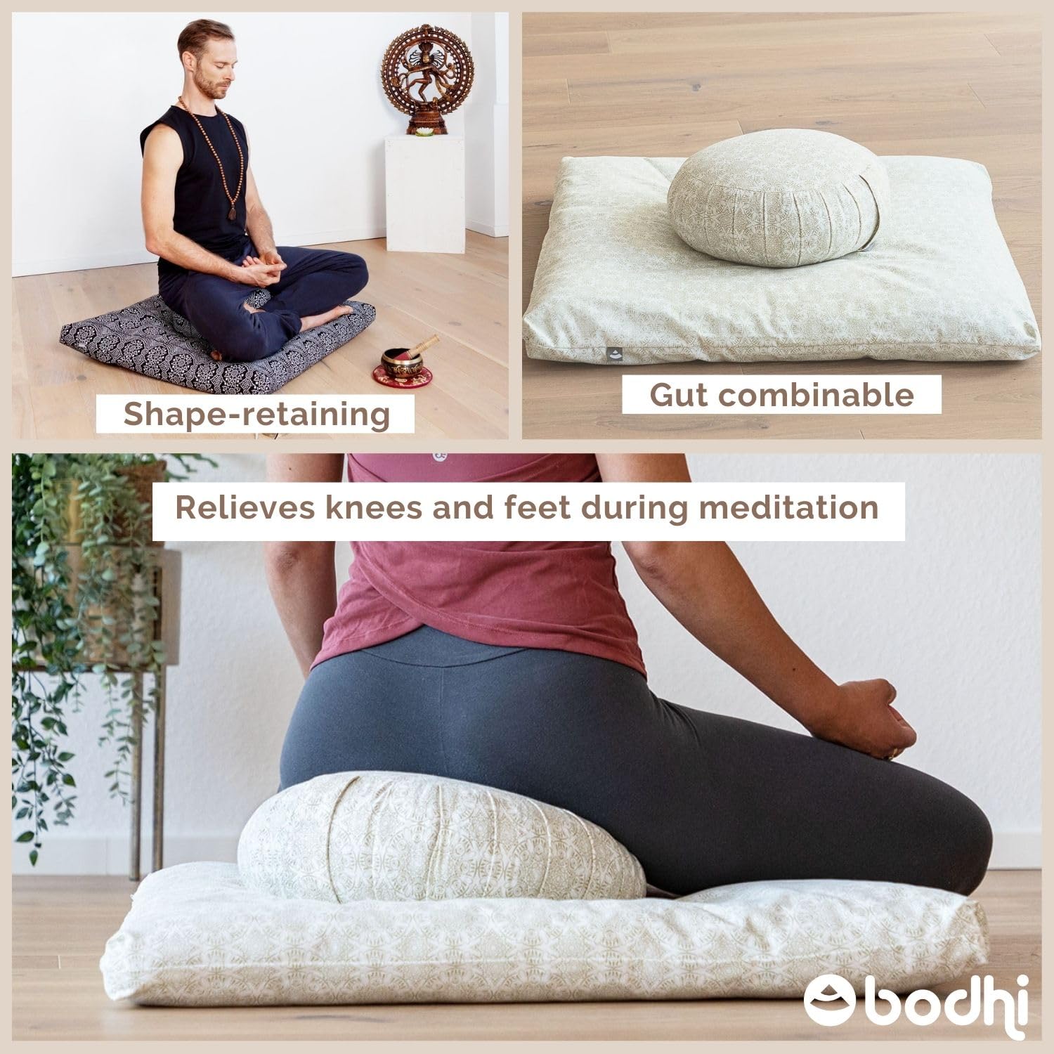 Bodhi Meditatiemat ZABUTON | ECO Serie | Klassieke yogamat met afneembare hoes van 100% biologische katoen | Meditatieondergrond met ritssluiting | 80 x 80 x 5 cm | Natuurlijk