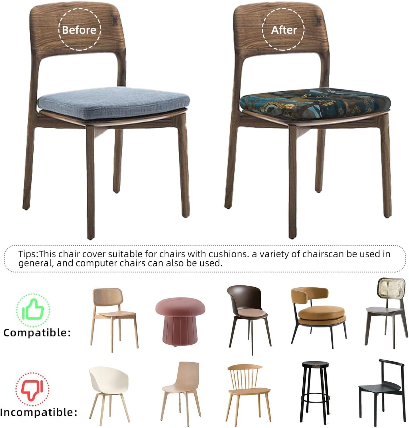 Set of 6 Removable Chair Seat Covers for Dining Room, Mountain Tree Stretchable Office Kitchen Chair Slipcovers Cushion Protector Deer Couples Furniture Decor, 16.9x16.9 Inches