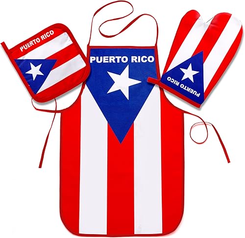 Juego de cocina y barbacoa de Puerto Rico con delantal, guante de horno y agarradera con bandera puertorriqueña, Azul, rojo, blanco