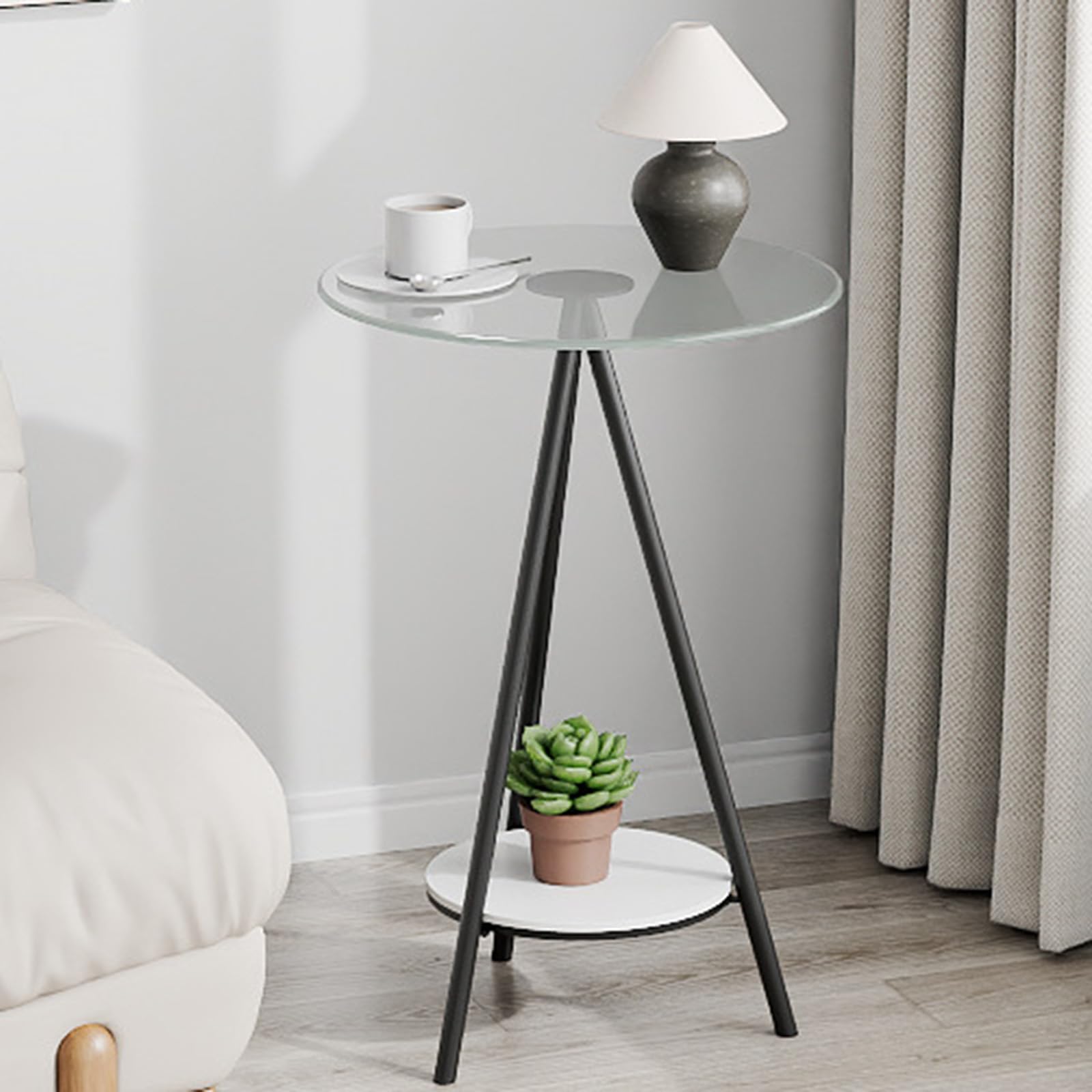 Glass coffee table, sofa side table, side cabinet, double deck, shelf, small mobile table,End Tables,round table for Living Room Bedroom Balcony Office